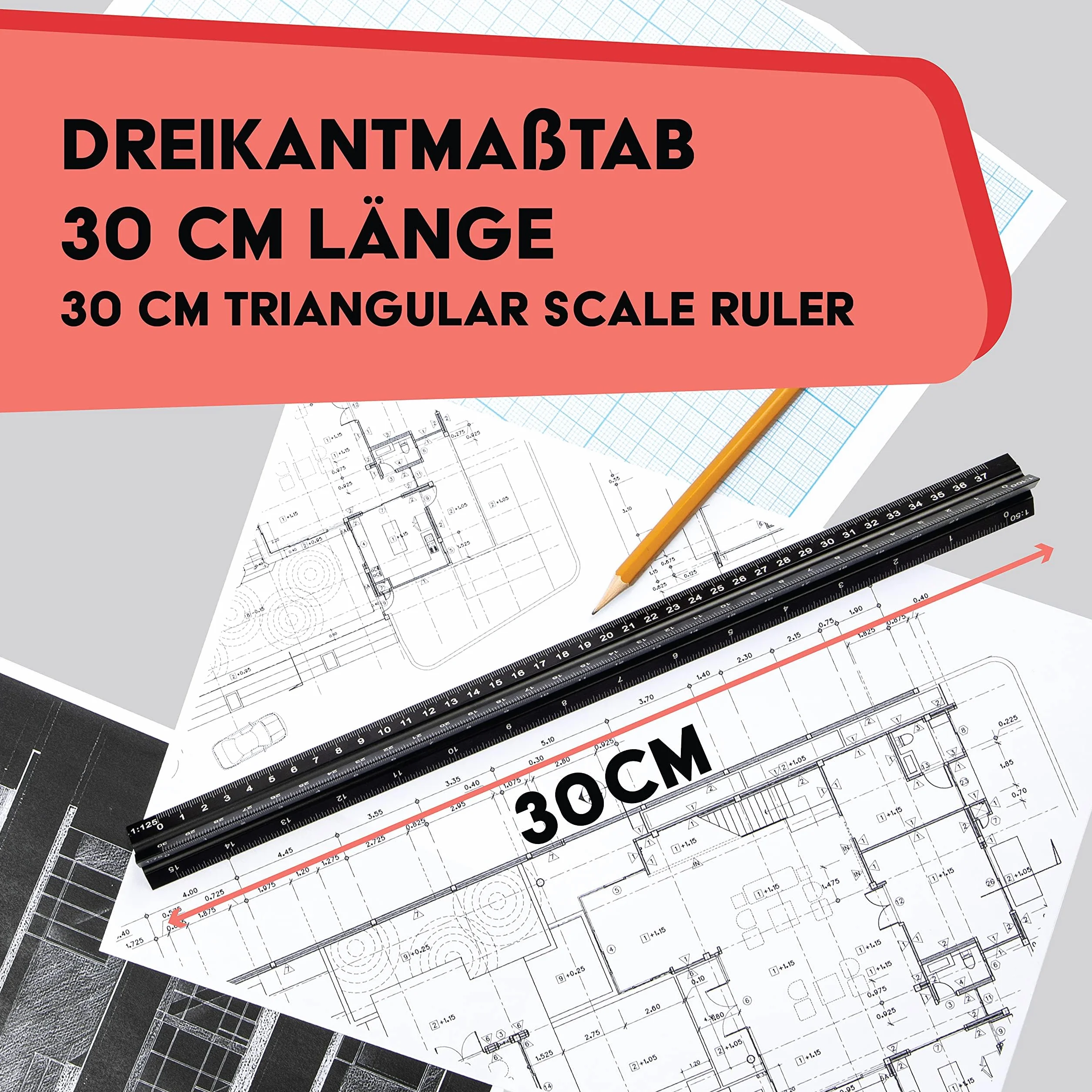 WINTEX Escalímetro Profesional Regla Triangular Aluminio 30 cm 1:20 1:50 1:75 1:100 1:125