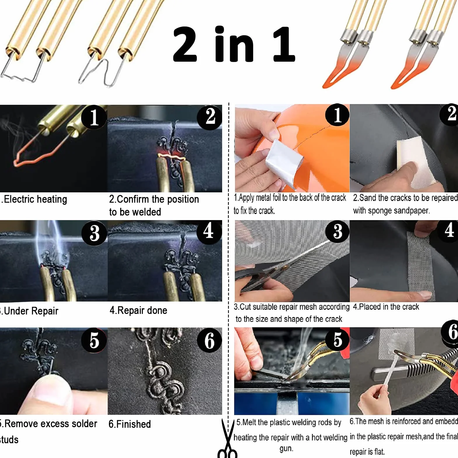 220W Soldador de Plástico, 2 en 1 Plástico Soldadura Reparando Kit con 2pcs Herramientas de Suavización, 800pcs Grapas & 64pcs Varillas Soldadura para Reparación Parachoques, Piezas de Plástico