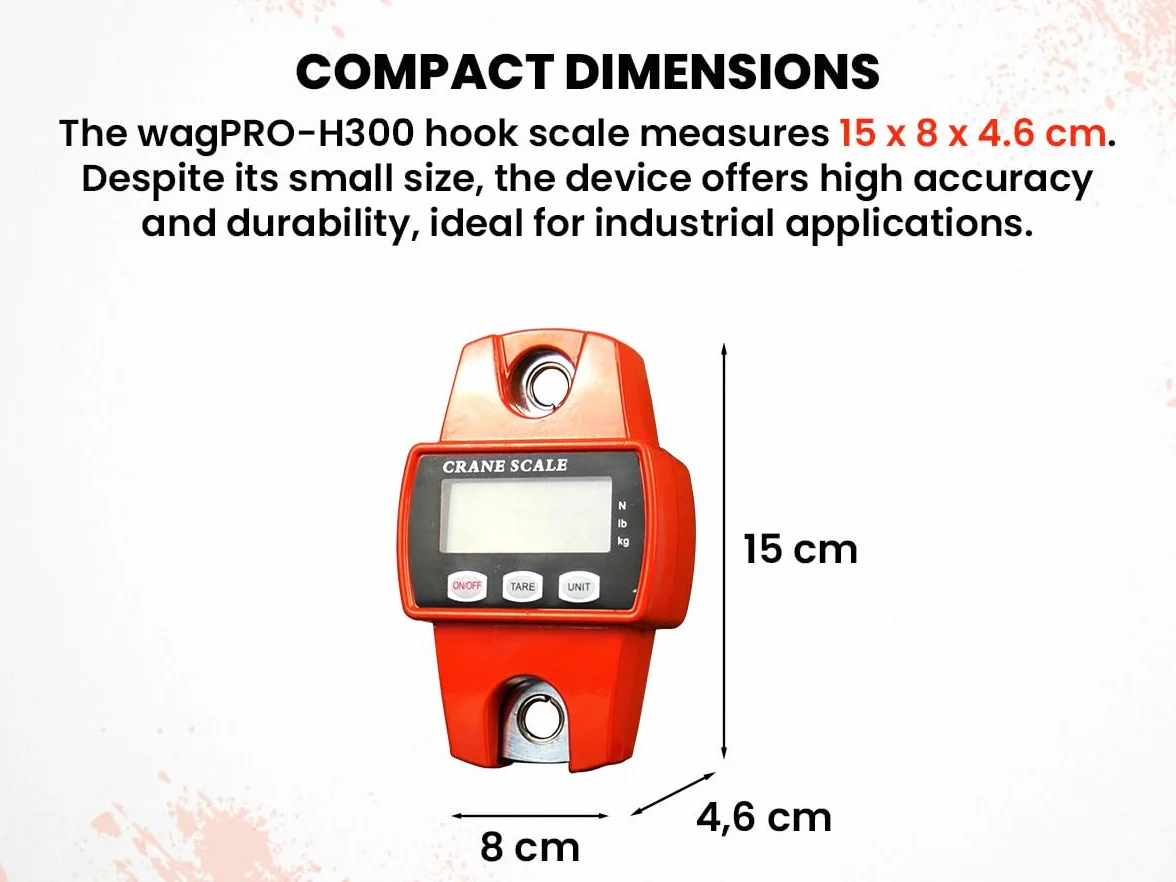Báscula de Gancho, Gancho 300 kg/660 lb, Precisión +/- 50g, Pantalla Digital, Tara, Báscula Electrónica, Alimentación 3x AA, Tiempo de funcionamiento hasta 150h, HDWR wagPRO-H300