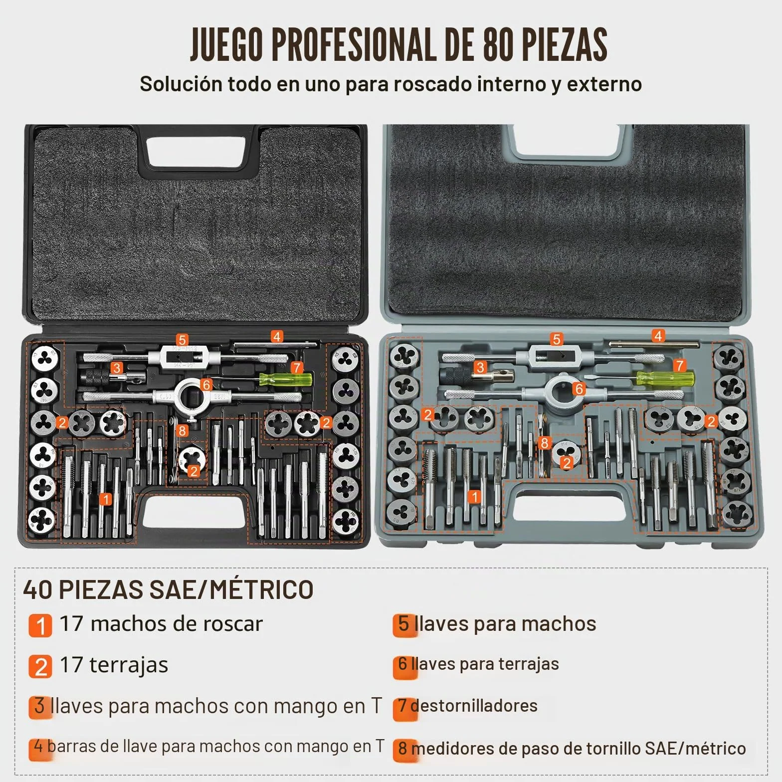 VEVOR Juego de Machos y Terrajas 80 piezas M3-M12 Métrico y SAE de Acero Kit de Machos y Troqueles con Maletín de Transporte Portátil Herramientas para Construcción Reparación de Automóvil Fontanería