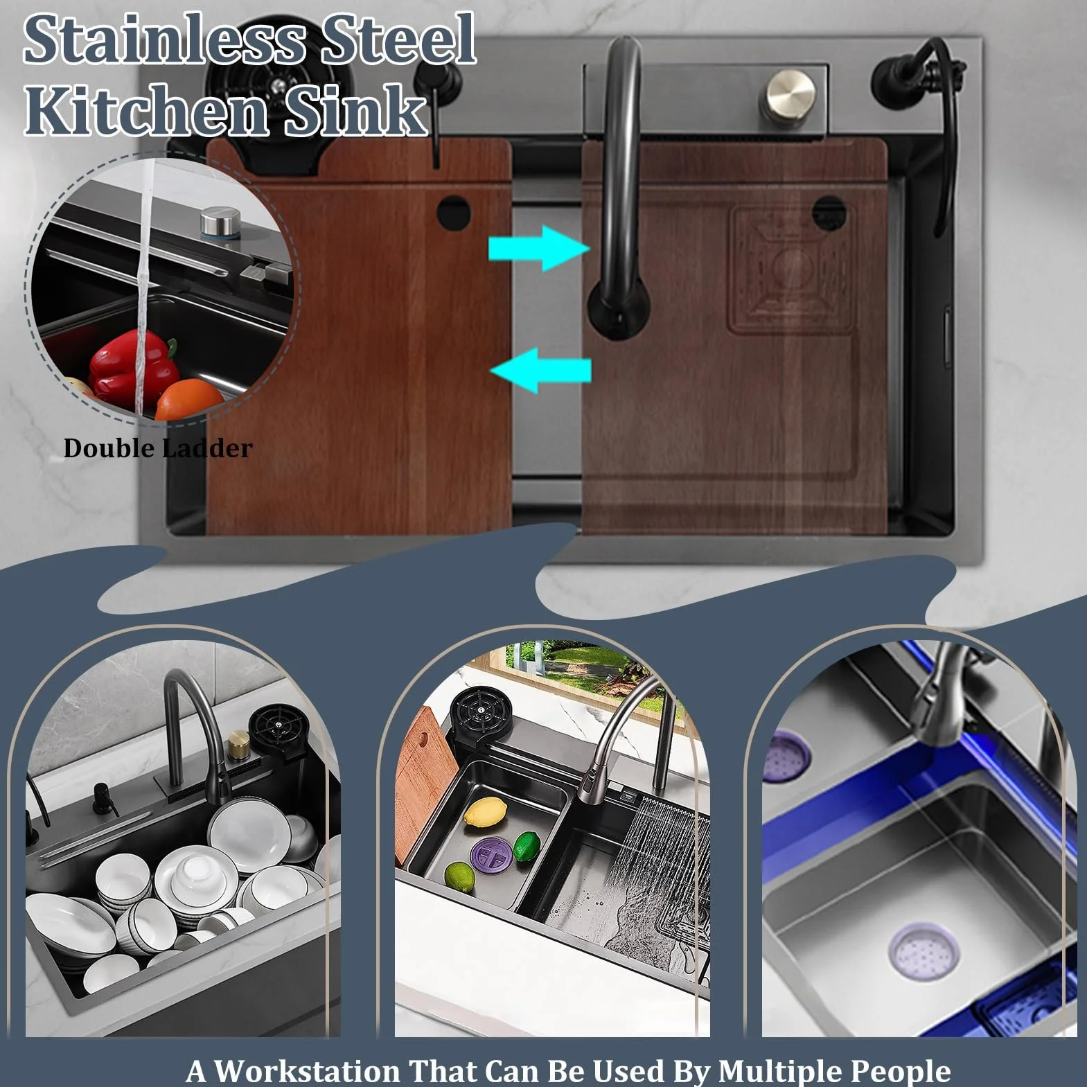 50 Cm De Ancho Fregadero De Cocina Con Grifo Cocina Extraible, 1 Cubeta De Acero Inoxidable Nanorrevestimiento, Fregadero Negro Con Cascada Así Como Otros Accesorios(Black-Grey B,85x50cm)