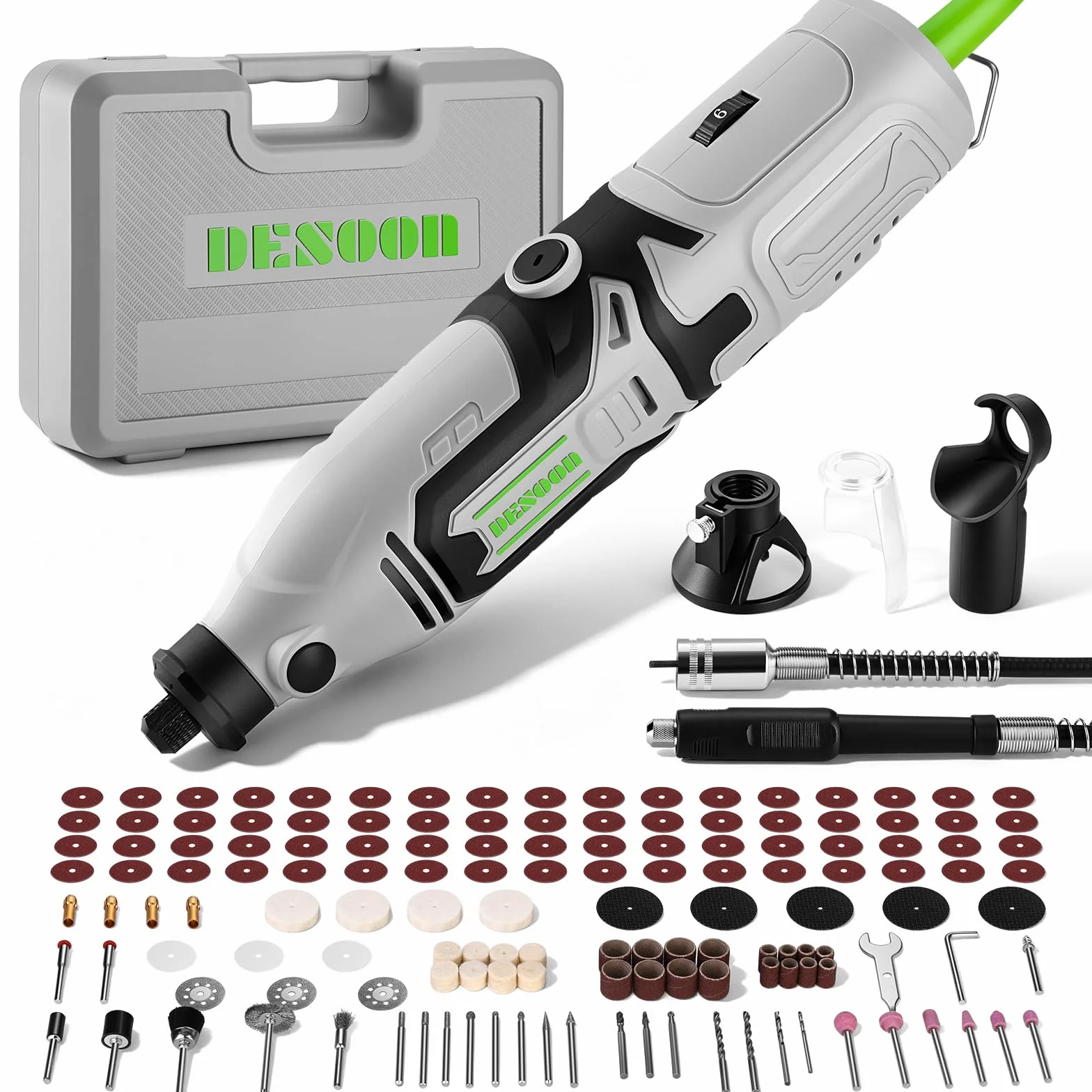 DESOON Mini Amoladora, Herramienta Multifunción de 170 W, Juego con 145 Accesorios, 6 Velocidades, 38.000 rpm, Mandril 3,2 mm, para Grabar, Taladrar, Cortar y Lijar