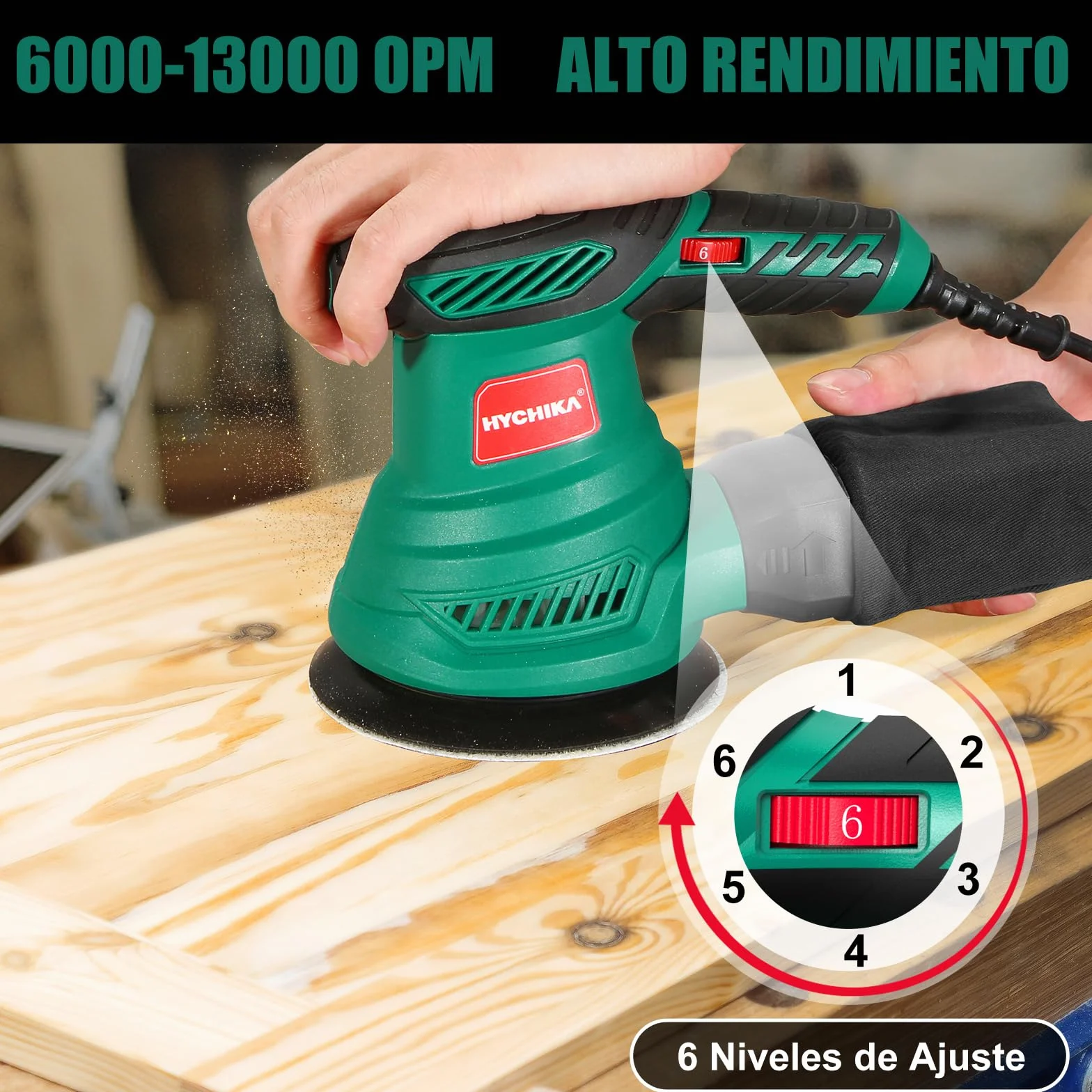 HYCHIKA Lijadora Orbital 300W, Lijadora Rotorbital con Motor de Cobre Puro, 6 Velocidad, 13000RPM, 12PCS Lija de 125mm (240/120/80 Grano), con Bolsillo Lavable de Recogida, para Lijar Madera y Metal