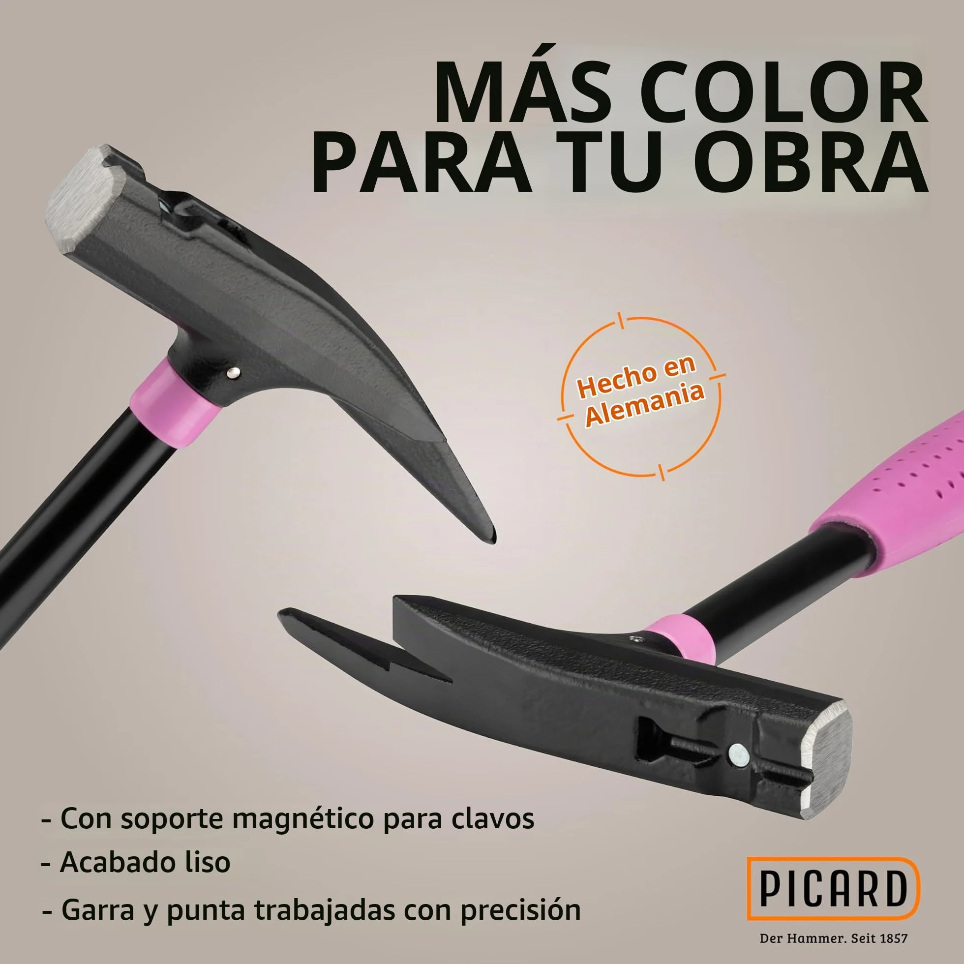 PICARD Martillo de carpintero Pink Edition, n.º 626M 760 g, liso, soporte magnético para clavos, certificado GS y certificado VPA, protección contra la corrosión, mango ergonómico, 32 cm de longitud