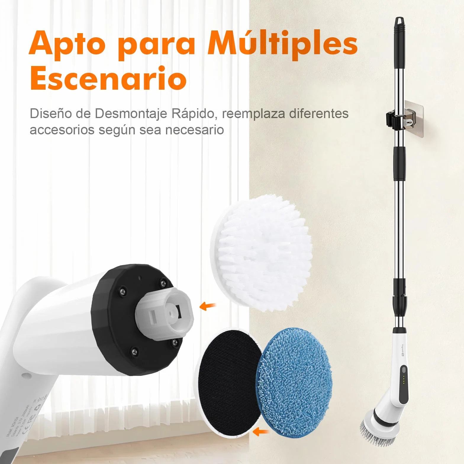Ibergrif Cepillo de Limpieza Eléctrico Rotatorio para Baño y Cocina, Fregadora Eléctrica Inalámbrica con 6 Cabezales, Mango Telescópico 120 cm, 300/400 RPM, IPX7, USB-C