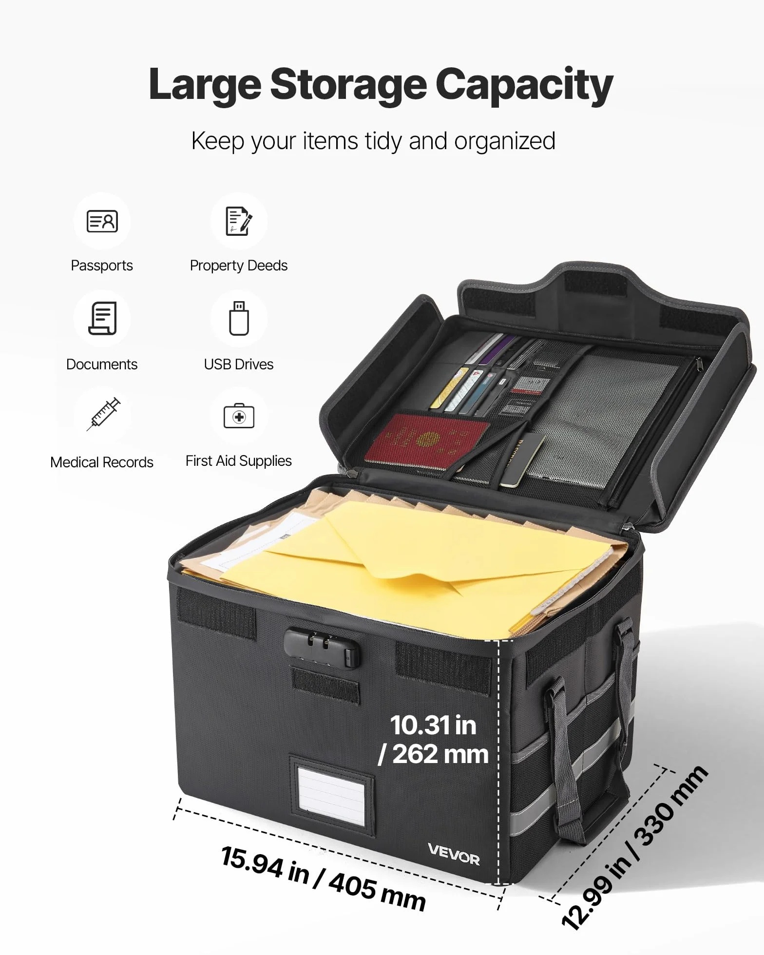 VEVOR Maletín Ignífugo para Documentos, Impermeable, con Aislamiento Térmico 1000 °C y Cerradura, Una Sola Capa, para Pasaportes, Documentos Importantes y Archivos, Negro, 330 x 405 x 262 mm