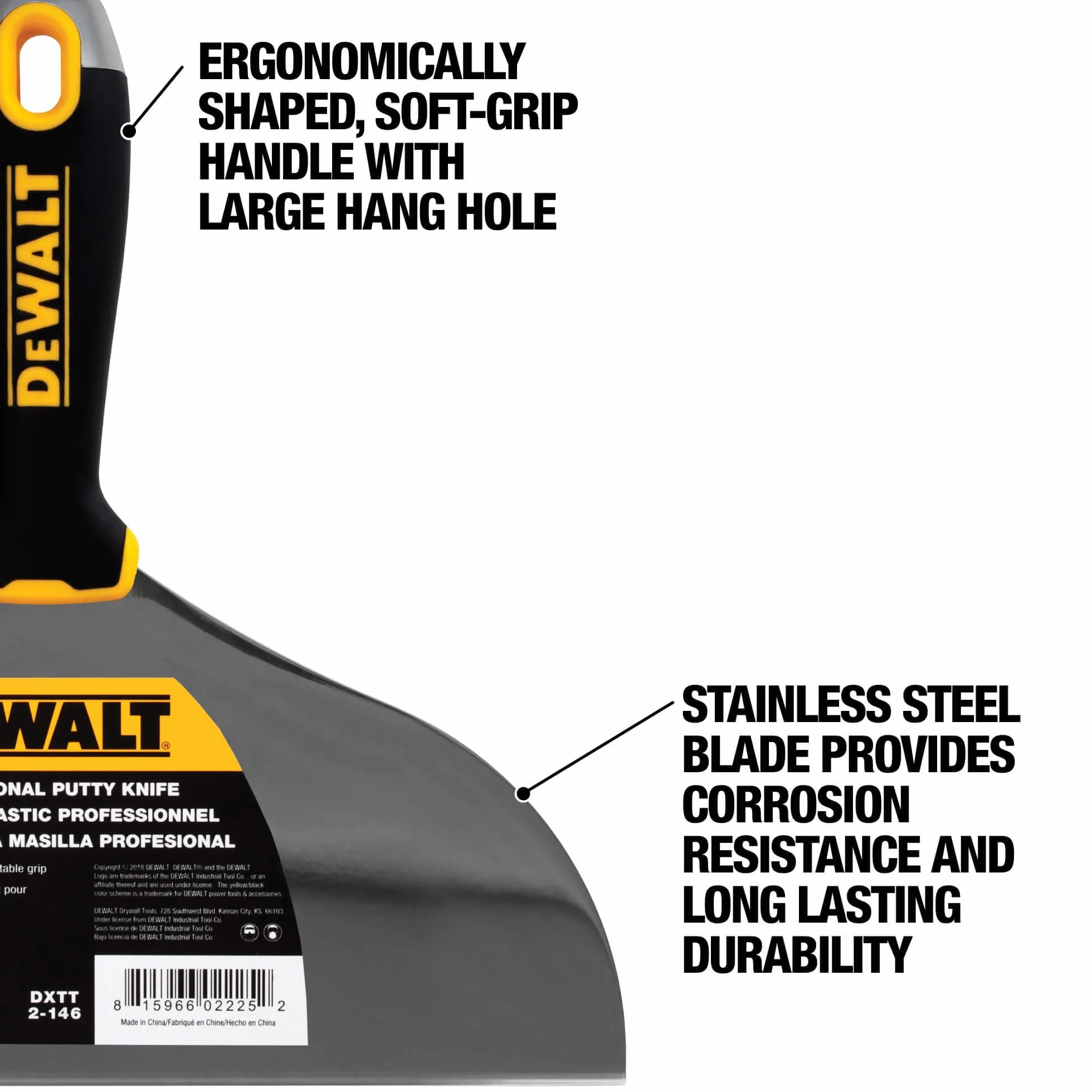 DEWALT Cuchillo de masilla de 25,4 cm | Acero inoxidable con mango de agarre suave | DXTT-2-146