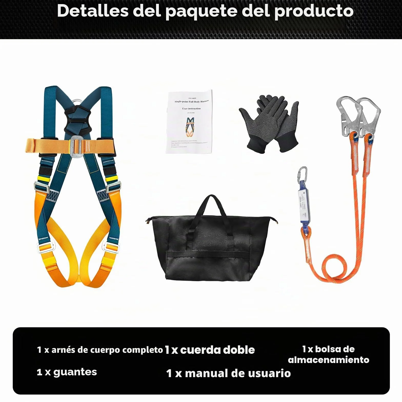 Arnés de seguridad EN 361/354/355, carga máxima 140 kg, doble cuerda 1,8 m, protección caídas
