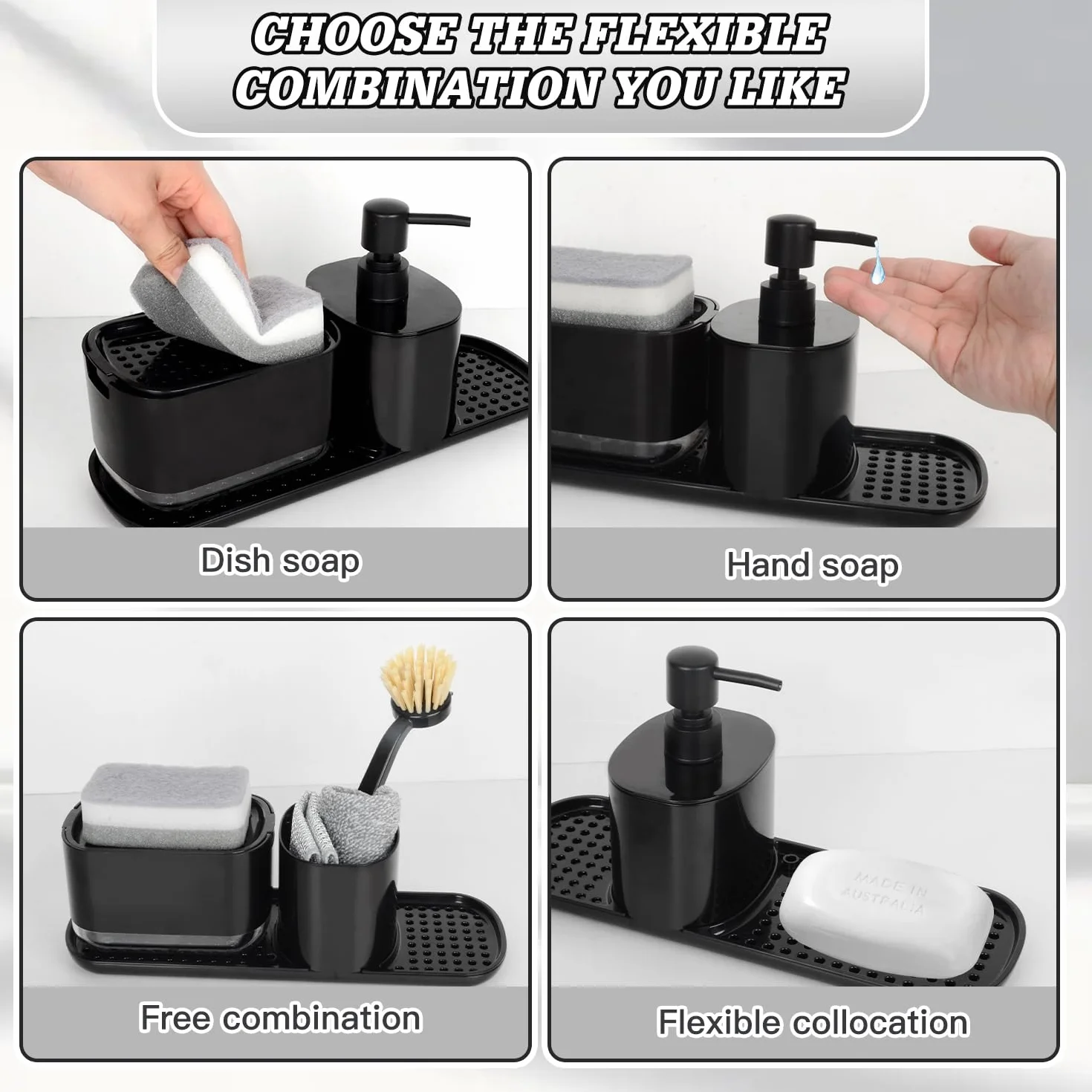 Dosificador Jabón Cocina Negro con Trapo, Cepillos y Esponja, Organizador Fregadero Detergente Recargable