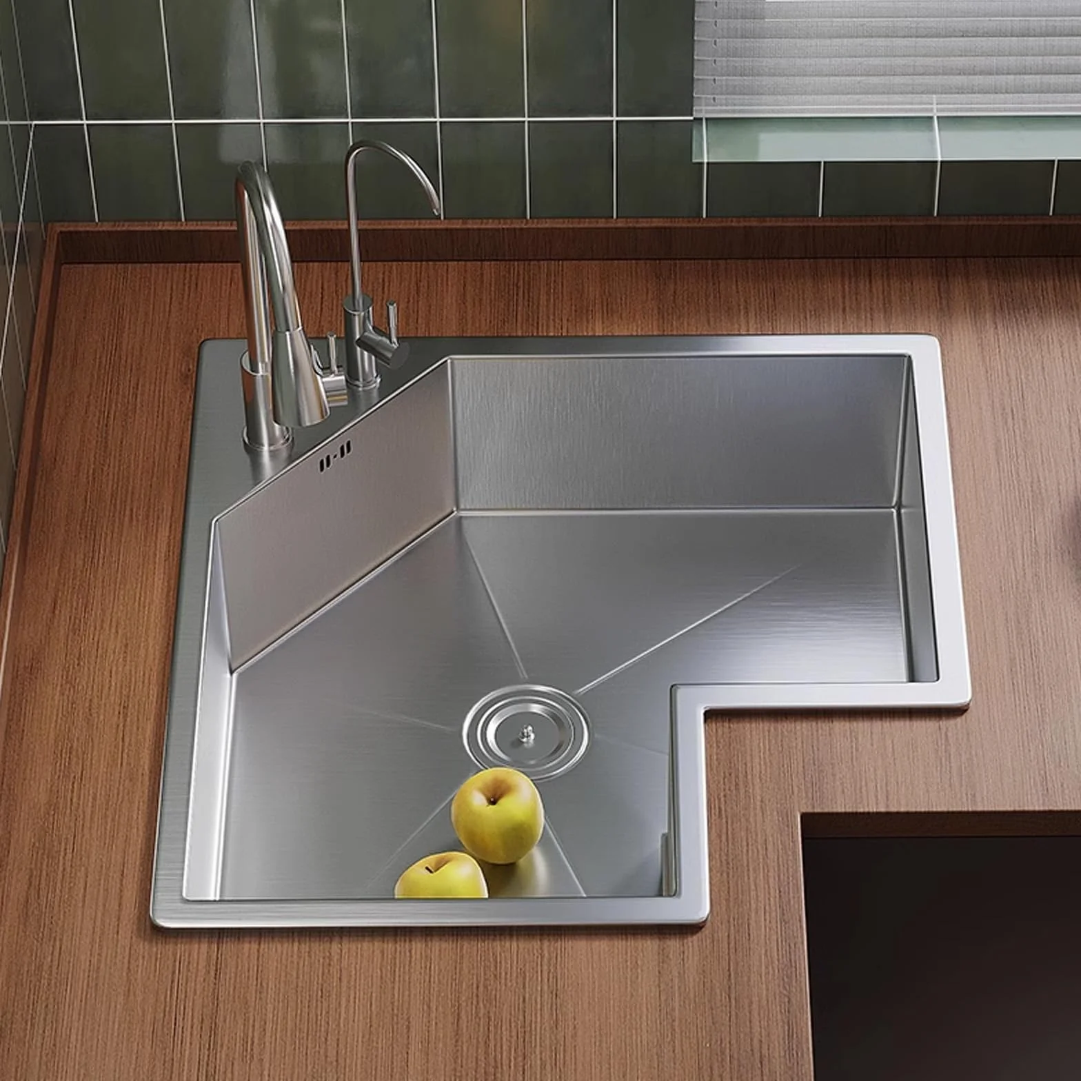Fregadero de cocina en forma de L, multifuncional de acero inoxidable 304 de una sola cuenca con grifo giratorio de 360° para lavar platos y limpiar verduras