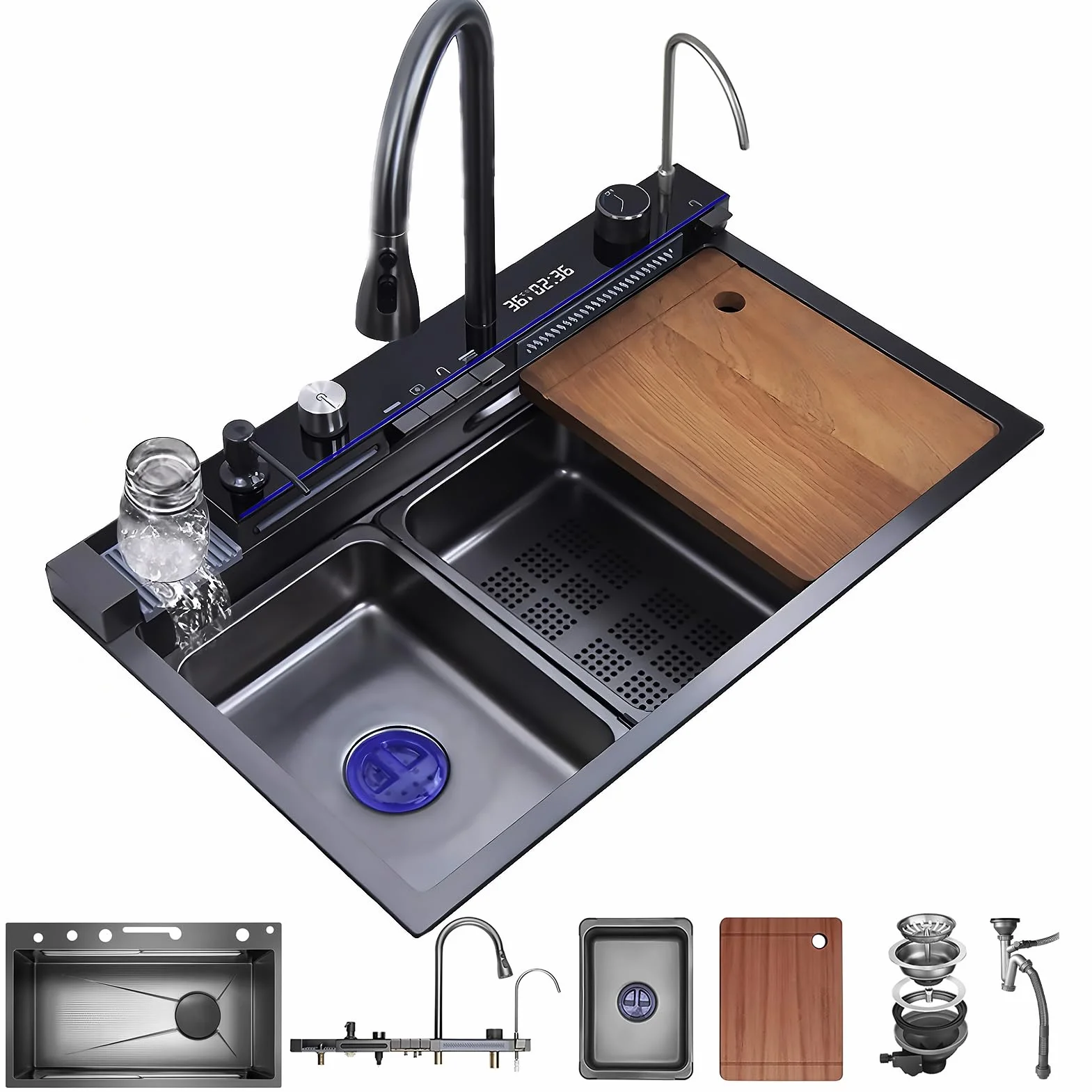 Fregadero de cocina de acero inoxidable multifunción de 80 x 50 cm – 2 cascada fregadero de agua, grifo extraíble, gran lavabo de cocina, con dispensador de jabón, con accesorios para