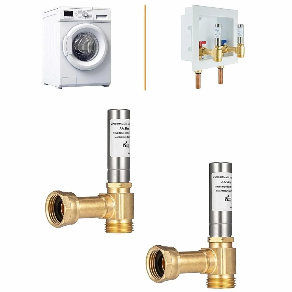 Pararrayos de martillo de agua en ángulo de 3/4 pulgadas para lavadoras, construcción de acero inoxidable y latón, absorción de impactos para sistemas de fontanería, paquete de 2