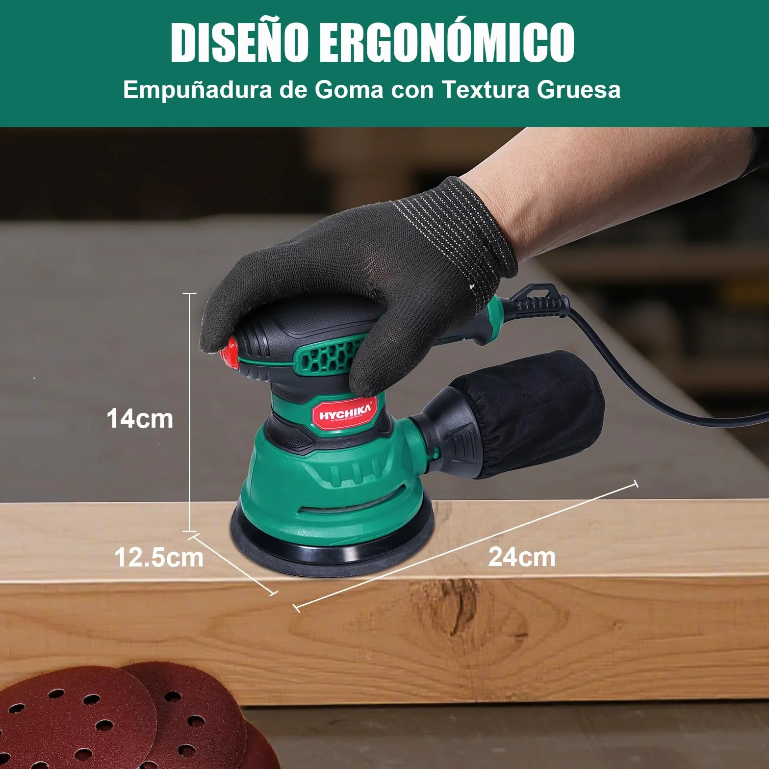 HYCHIKA Lijadora Orbital, 300W 12000OPM Lijadora Madera, 6 Velocidades, con 16 Piezas de Discos de lija 125mm, Con Recogida de Polvo y Efecto de Frenado Rápido, para Lijar y pulir Madera