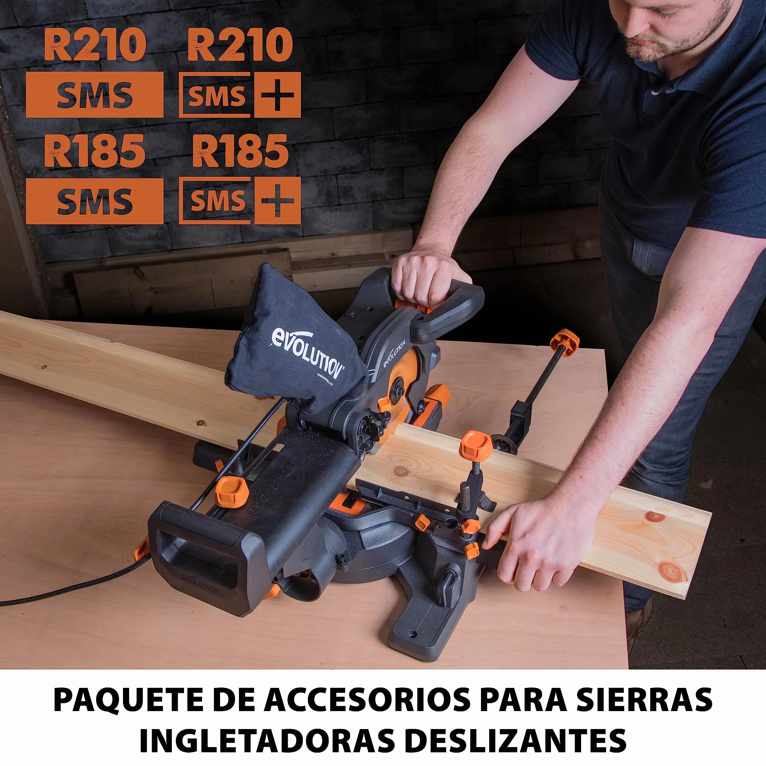 Evolution Power Tools R210SMS Pack accesorios sierra ingletadora 210 mm mordaza frontal saco captapolvo