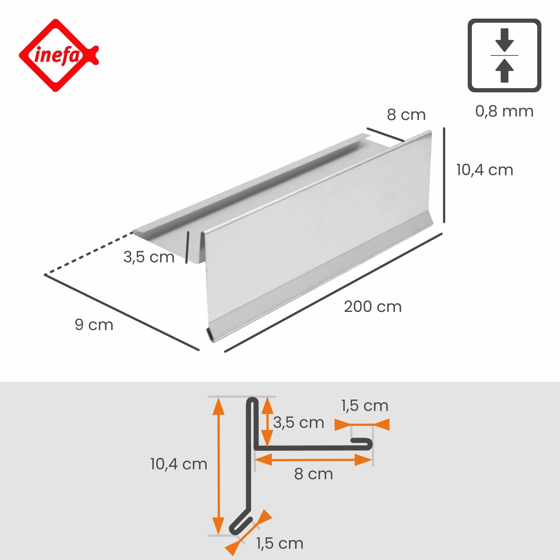 INEFA Tapajuntas de borde de aluminio con pliegue de agua 200cm, Tapajuntas de borde de plata para un drenaje óptimo del tejado, accesorios para canalones, tapajuntas de aluminio