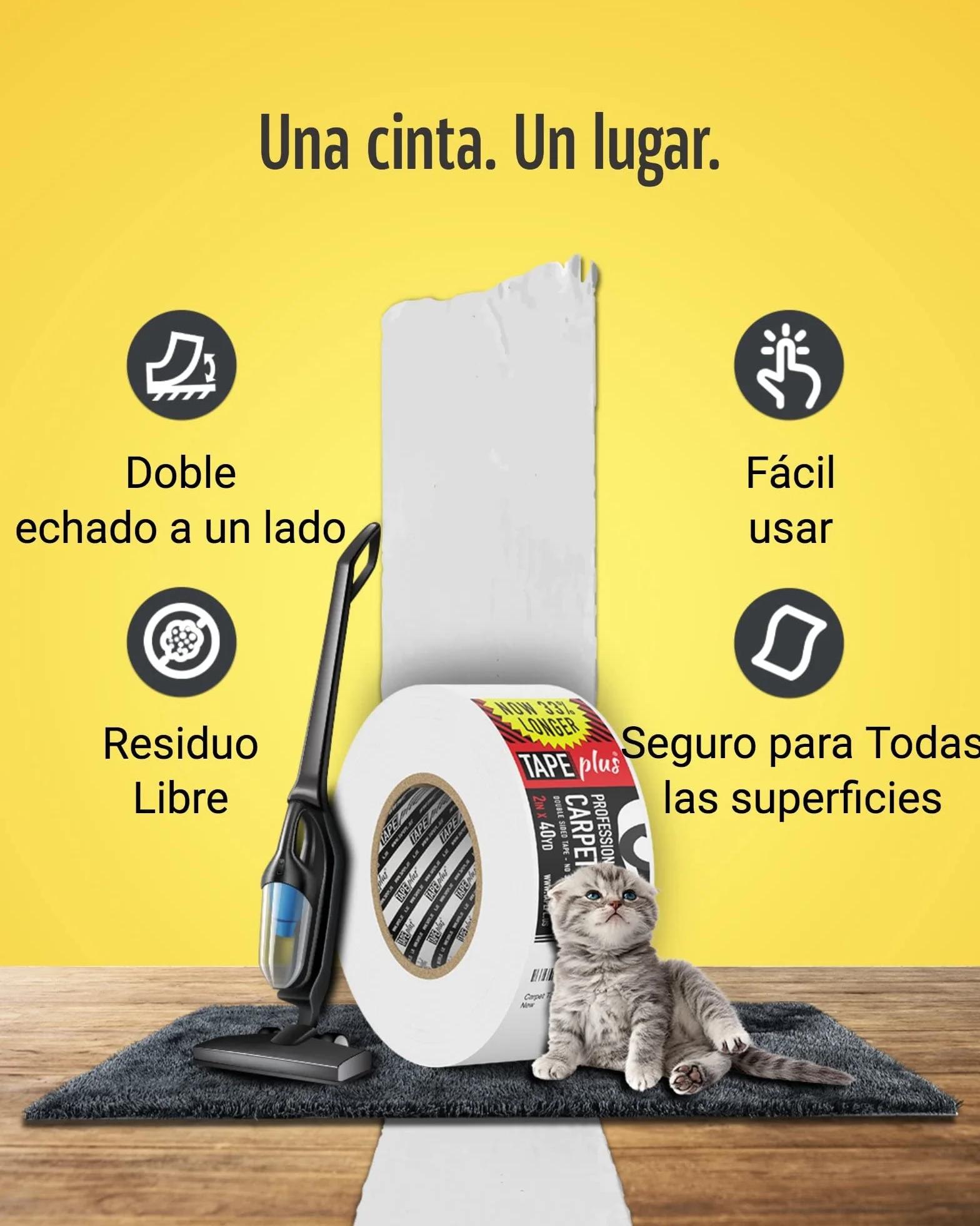 TapePlus Cinta Antideslizante Alfombra Profesional – 5 cm por 36.5 m (¡2 x Más!) – Cinta Antideslizante para Alfombras con Adhesivo Doble Cara - Cinta Doble Cara Blanco Premium – Interior y Exterior