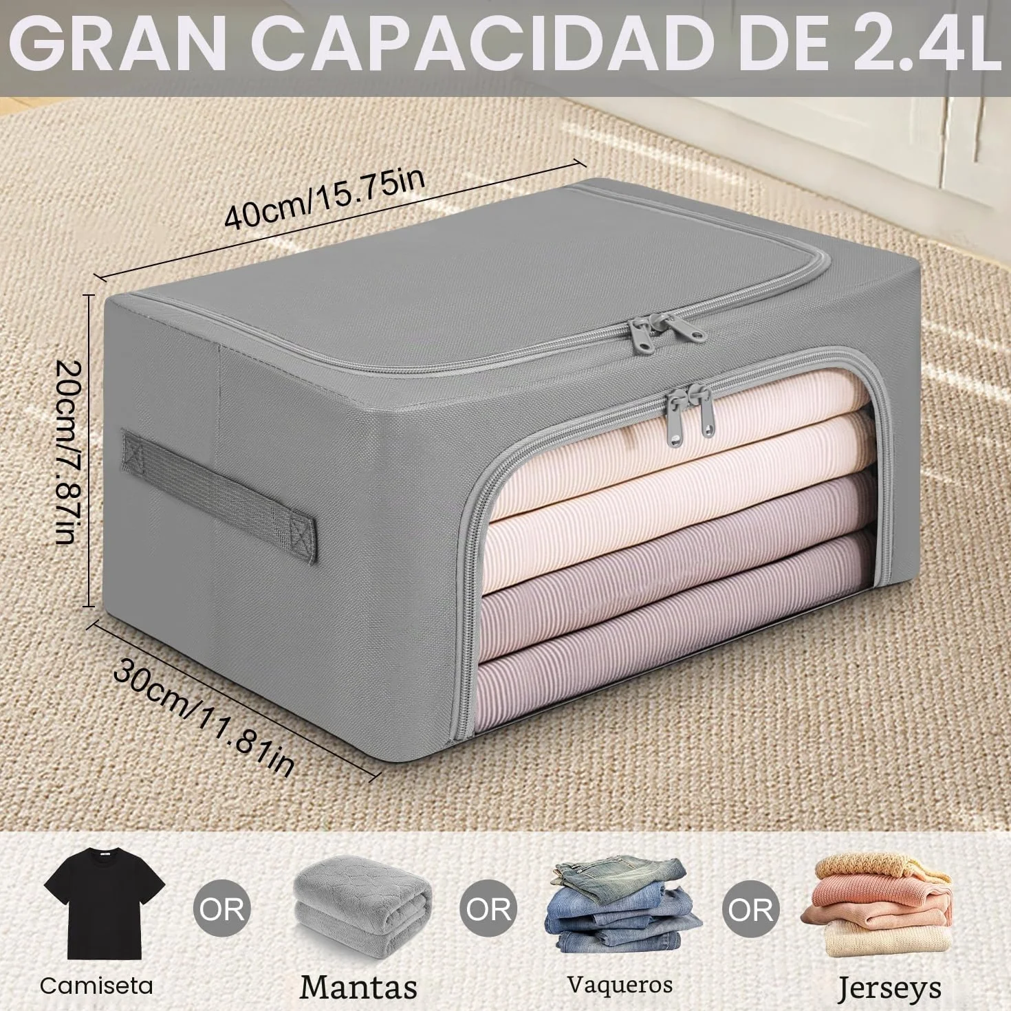 Cajas Almacenaje Ropa con Cremallera Oxford Organizador Armario Gris Claro