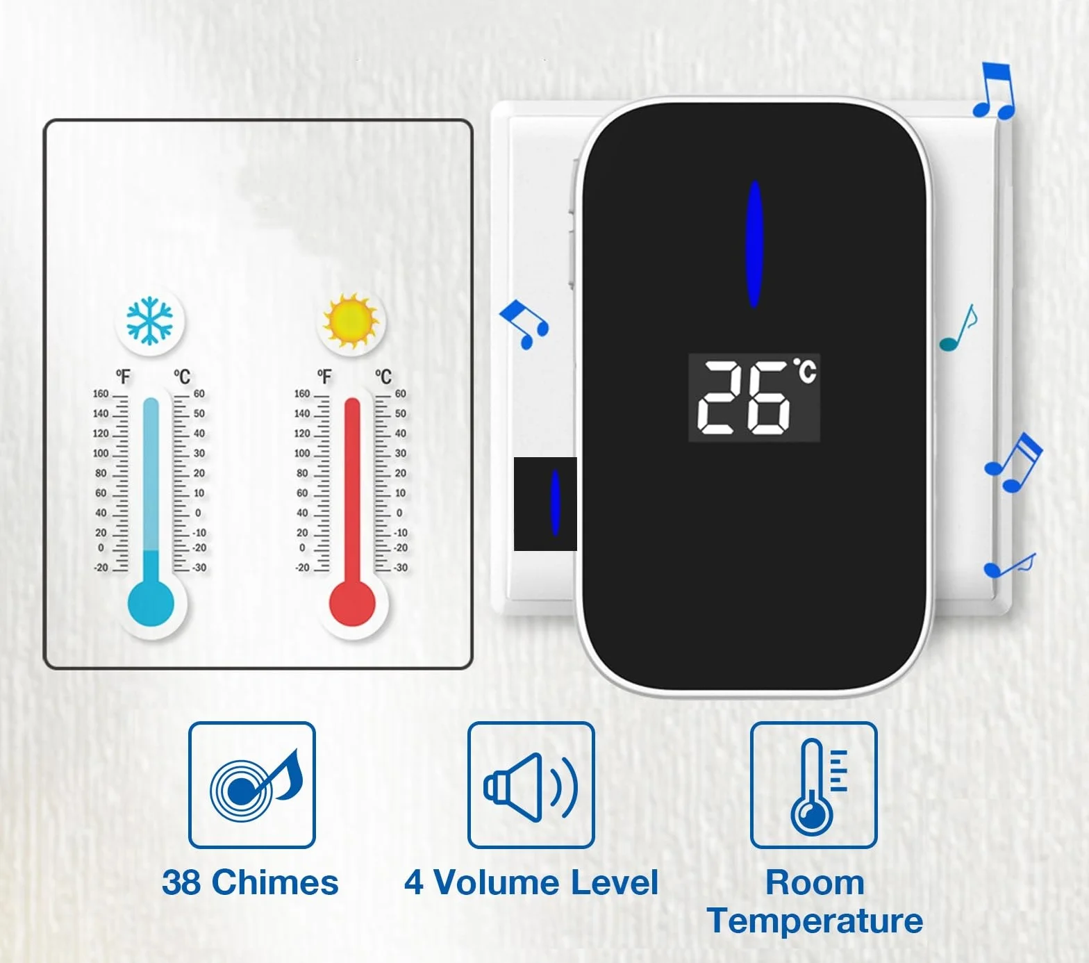 Timbre Inalámbrico, HommyFine Enchufable Timbre Inalámbrico Exterior, 38 Melodías Ajustables, 4 Niveles de Volumen, Doorbell Indicador LED, No Necesita Batería Timbre Inalámbrico (Negro 1+1)