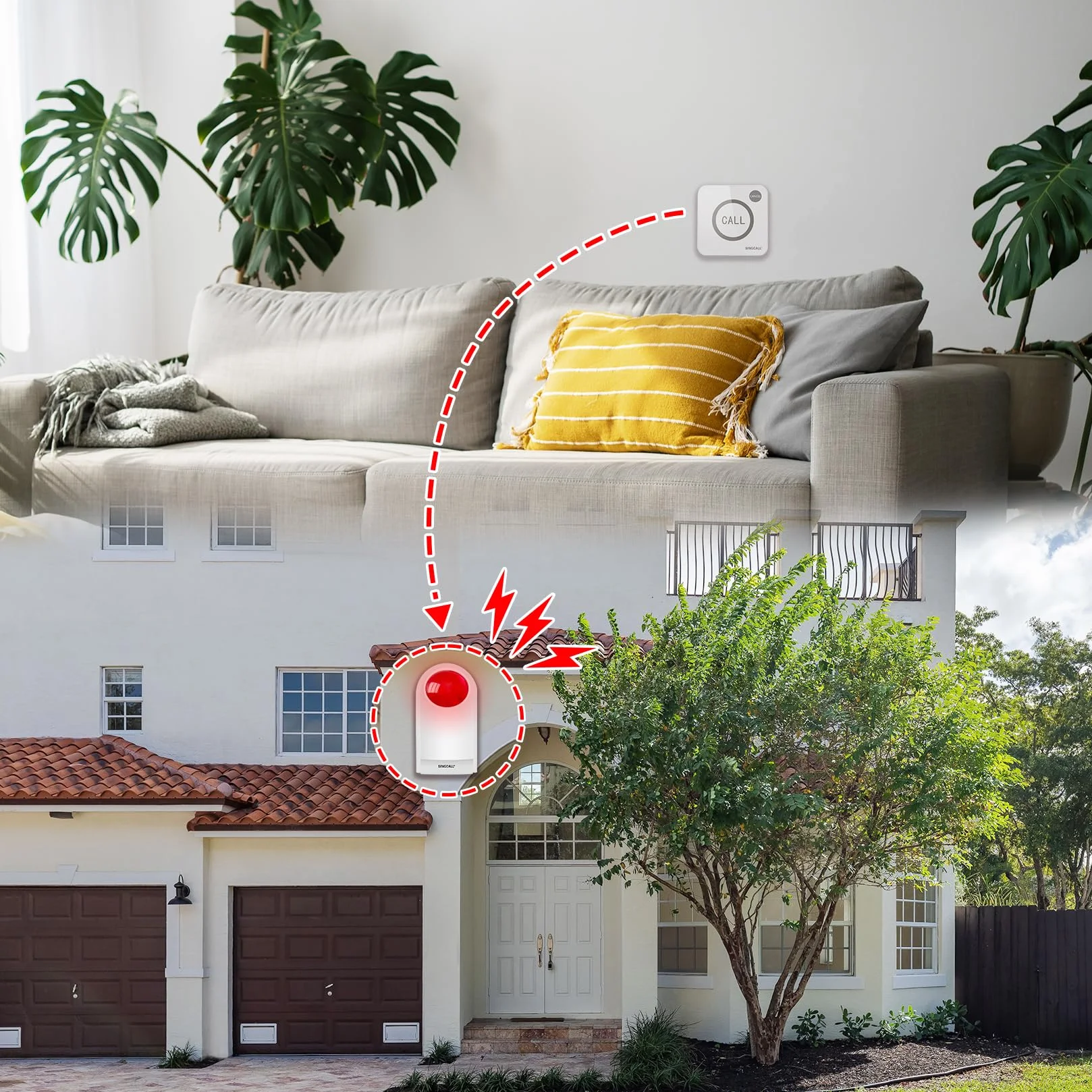 SINGCALL Sistemas de Alarma inalámbricos Sirena Exterior inalámbrica Alarma antirrobo con luz estroboscópica roja de Alerta SOS para Tienda Hogar Hotel Joyería Seguridad, 1 Sirena 2 Botones remotos