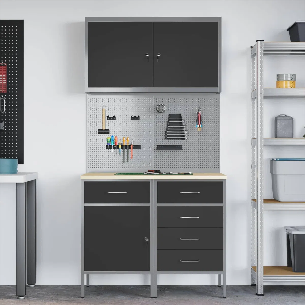 Banco de trabajo con cajones, 5 unidades, color negro, madera y acero, resistente, almacenamiento para garaje, sótano, construcción con pared perforada y organizador