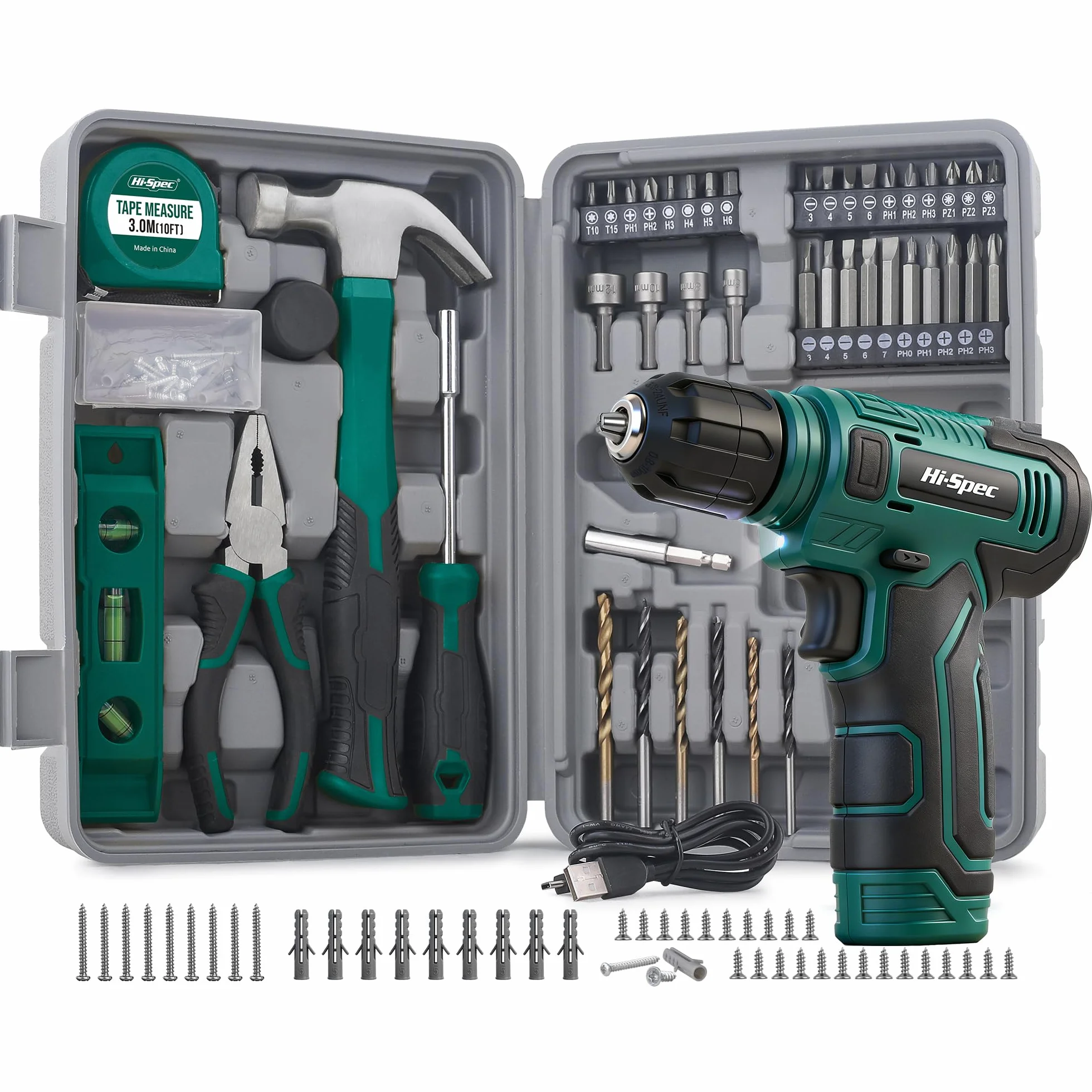 Hi-Spec Kit Herramientas Casa Multiusos Color Verde, Caja Herramientas con Atornillador Eléctrico Inalámbrico 8V, Maletín Portátil para Bricolaje Doméstico