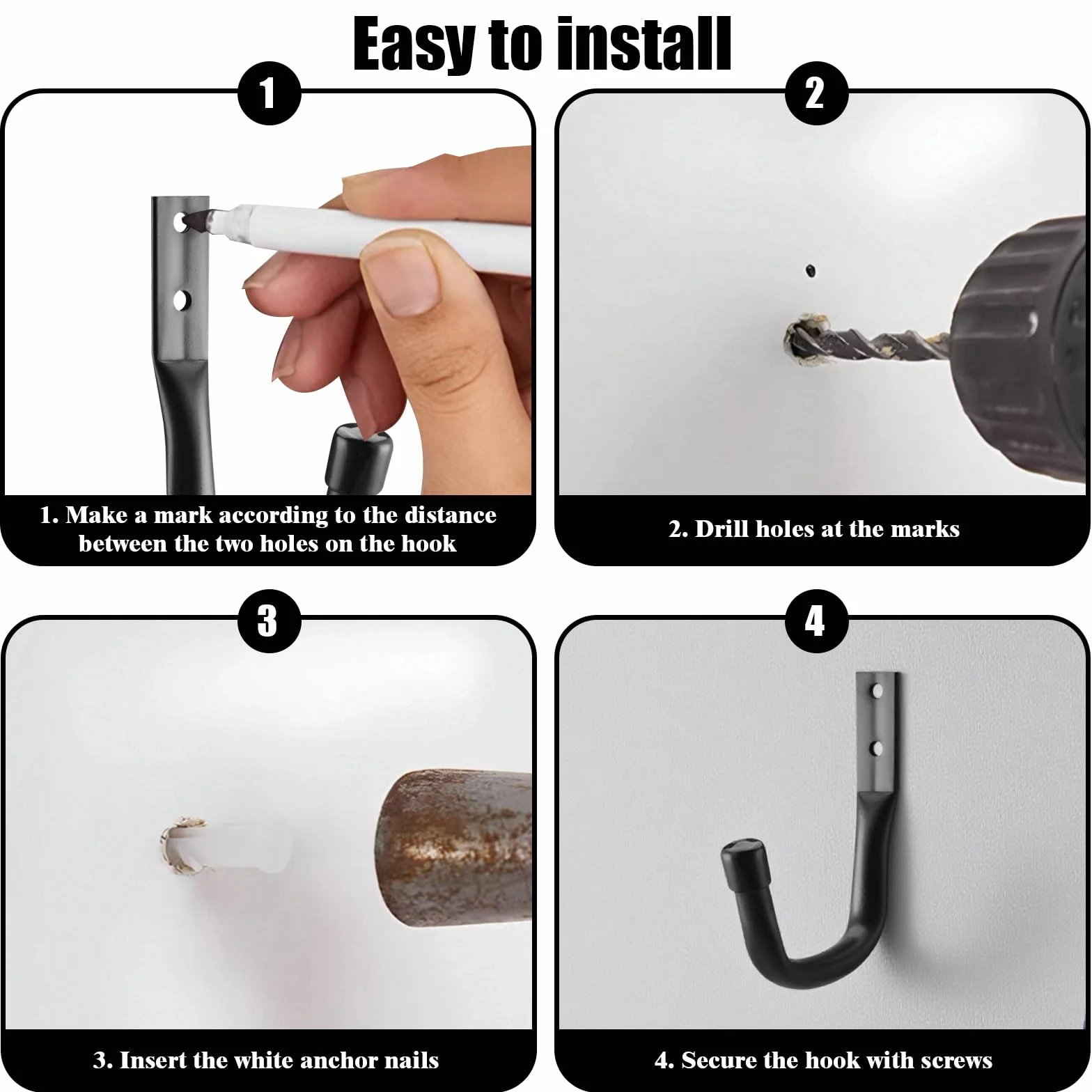 9 Pcs Gancho Pared de Garaje Resistentes, Ganchos para Colgar Alto Rendimiento en Forma J, Gancho Soporte Bicicletas Pared Antideslizante para Herramientas Eléctricas Escaleras, Negro