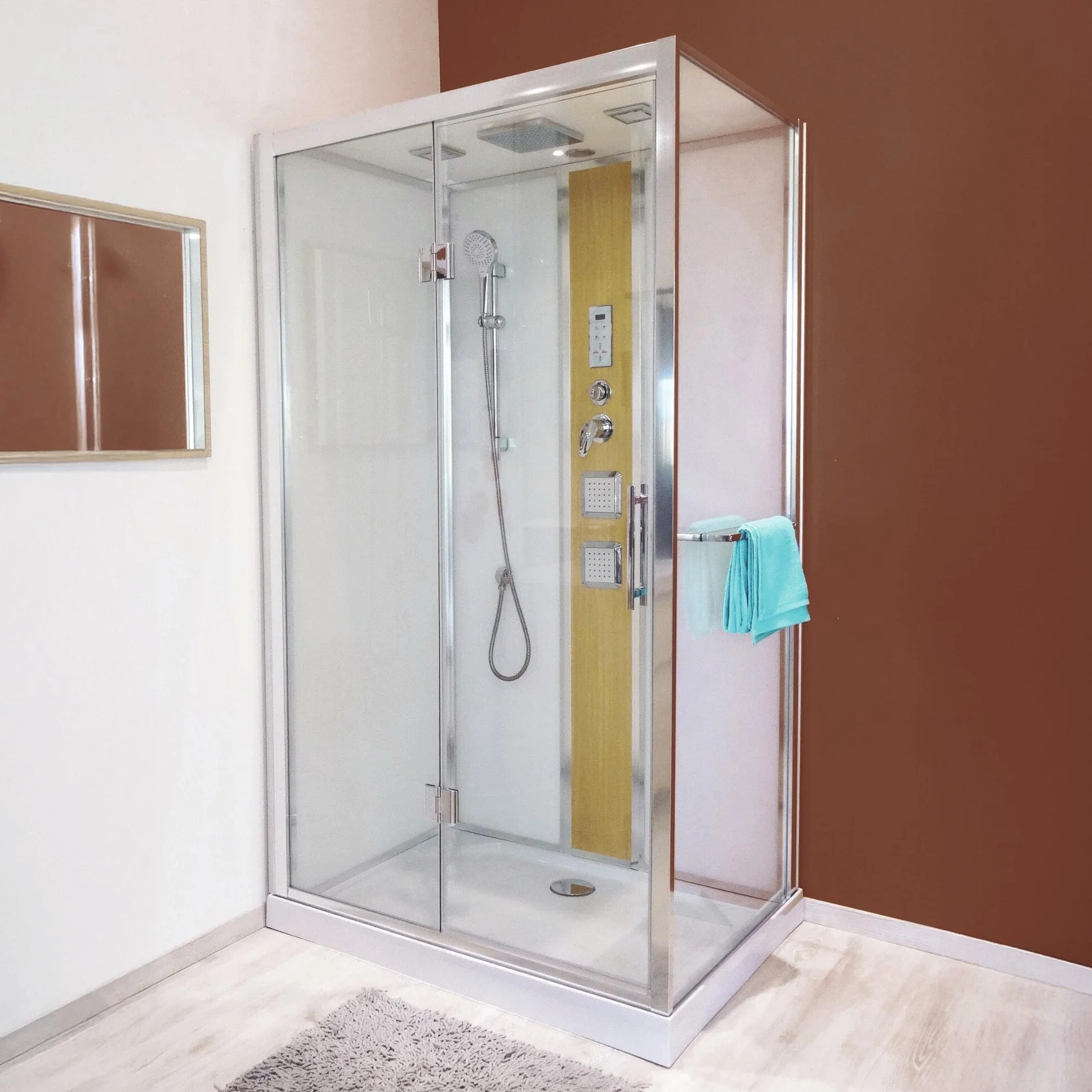 Cabina de hidromasaje SÖREN SLIM - Perfiles de cromo y madera - Acceso frontal con puerta pivotante de vidrio 6mm - 140x80x212cm - 2 rejillas de jets hidromasaje de metal cromado