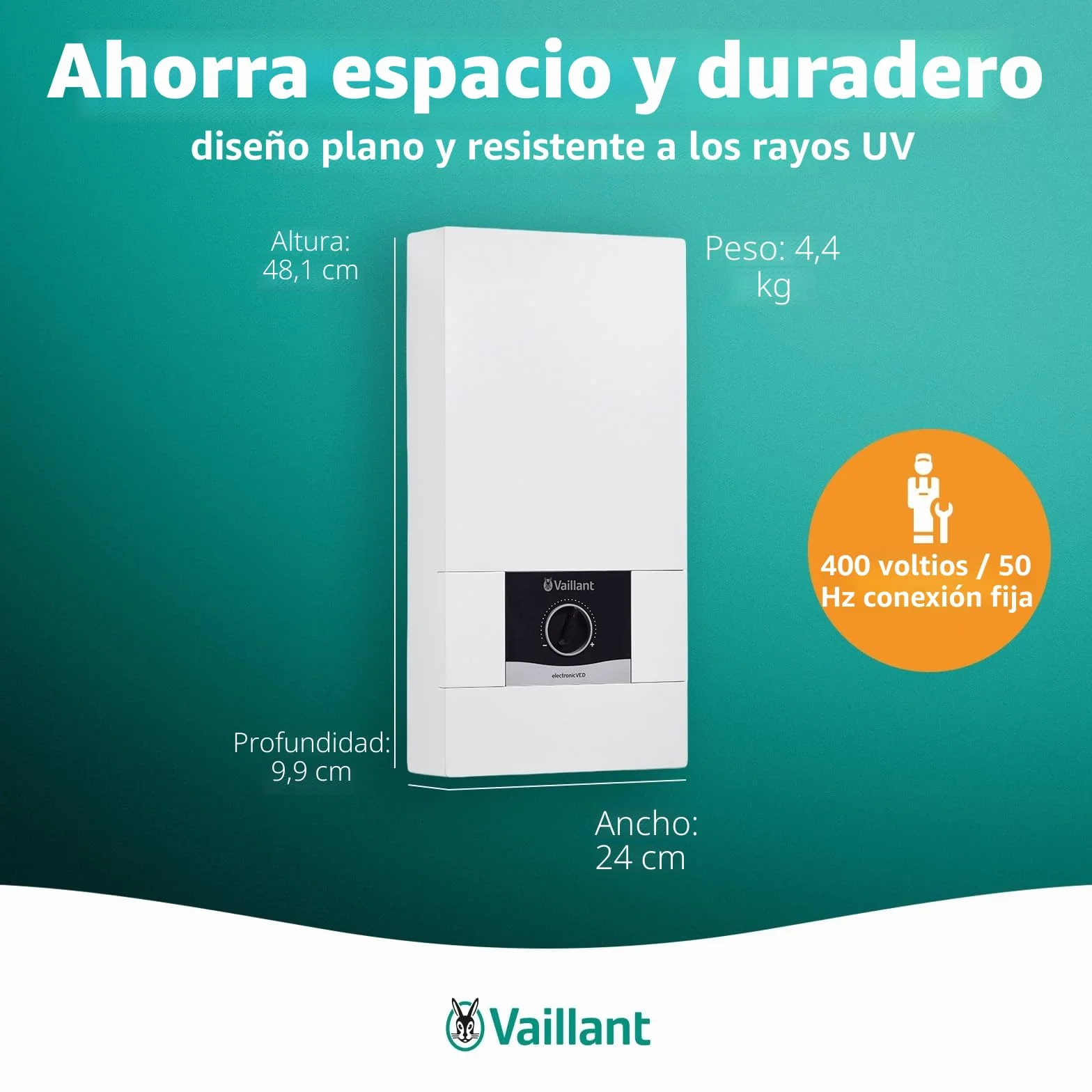 Vaillant Calentador de agua electrónico VED E 21/8, resistente a la presión, 21 kW, 400 V, temperatura de salida precisa, ajustable, pantalla digital, 0010023778, [clase energética A]