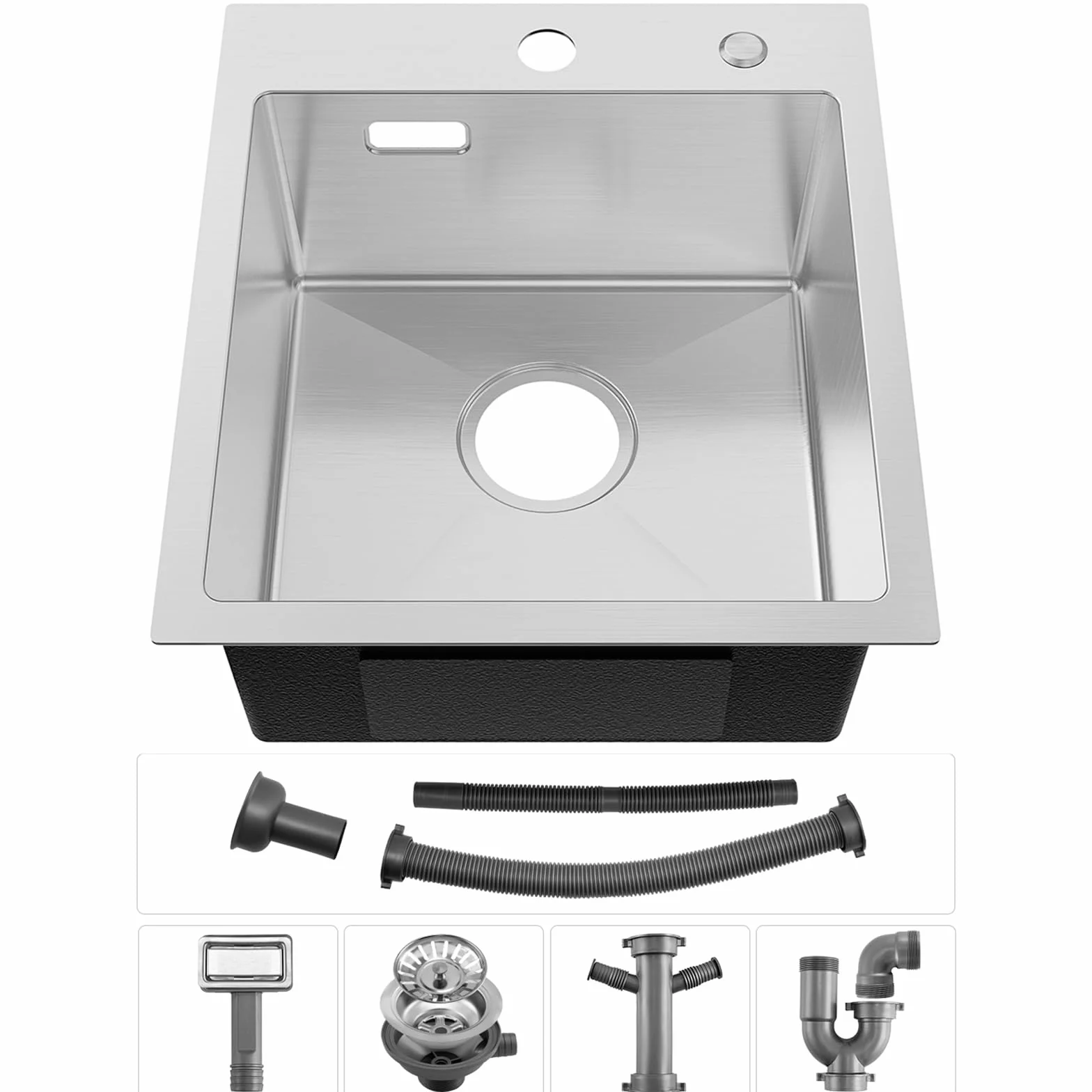 Fregadero Cocina 1 Seno 40x45cm, Fregadero Cocina en Acero Inoxidable 304, Fregaderos Sobre Encimera de Un Seno con Sifón y Juego Desagüe, Cepillado