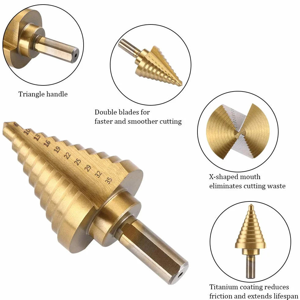Flintronic - Broca escalonada, 5 unidades (5-13 mm, 3-13 mm, 6-19 mm, 5-22 mm, 6-35 mm), 1 perforadora central automática + 1 broca helicoidal, broca cónica de doble ranura recubierta de titanio Hss