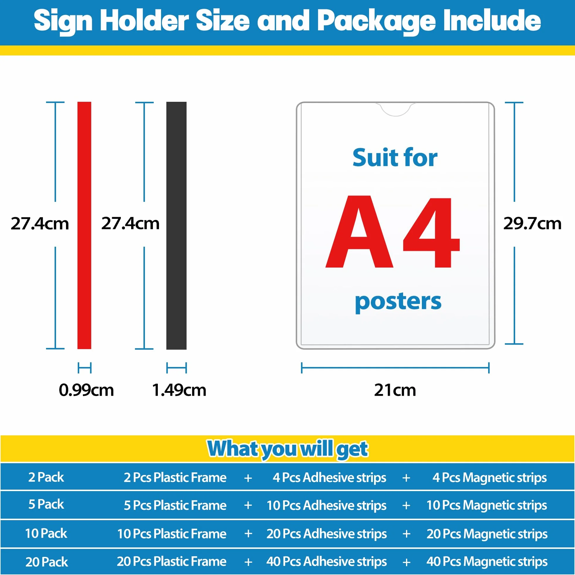 Soporte de Pared A4 Magnético y Adhesivo, Pack de 2 – Expositor Acrílico Transparente para Carteles