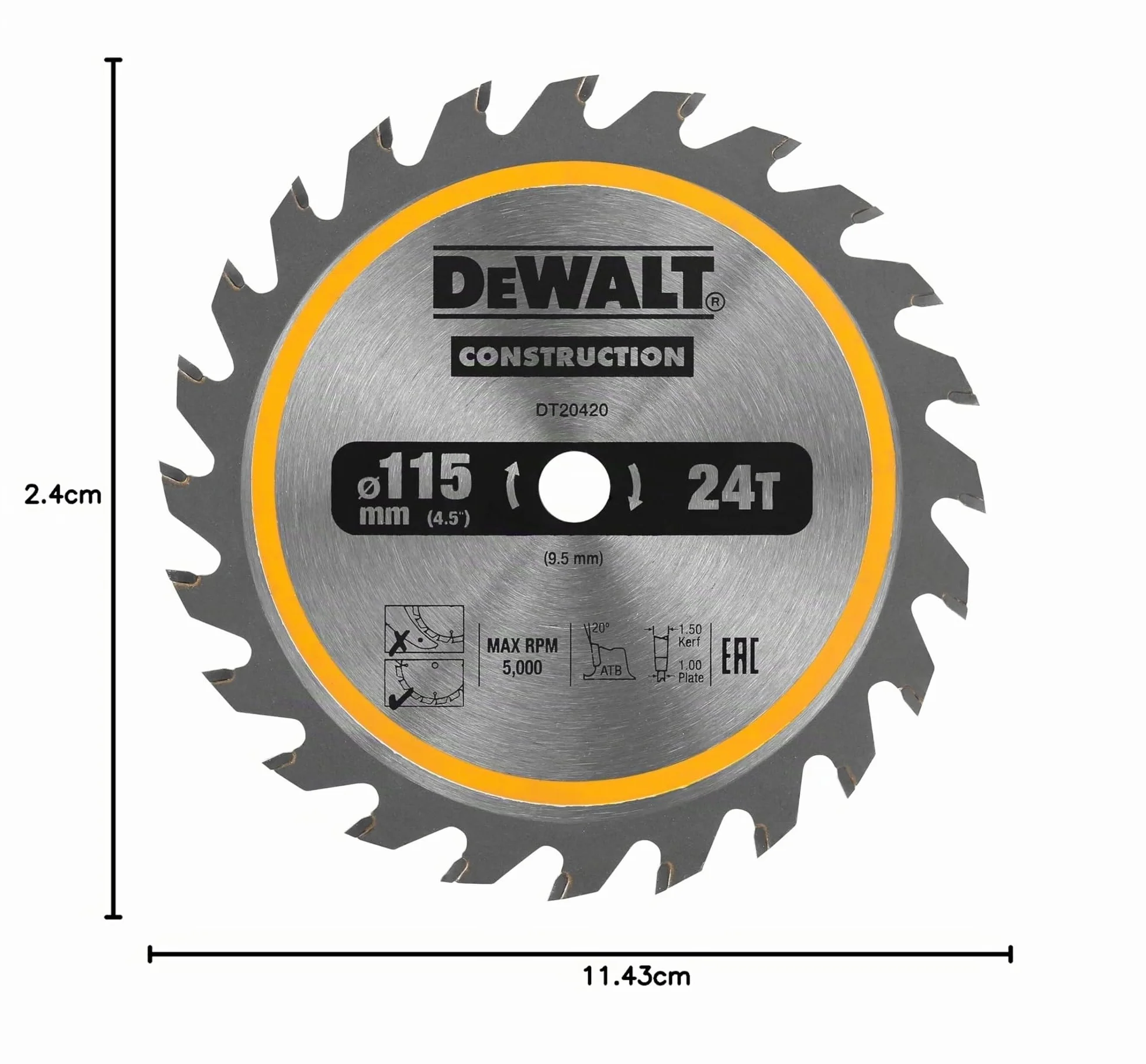DEWALT DT20420-QZ - Hoja de sierra circular para construcción 115/9,5mm 24WZ, Ángulo de dentado 20°, Ancho de corte 1,5mm, Para uso universal, Con Nail Tough para serrar madera con clavos