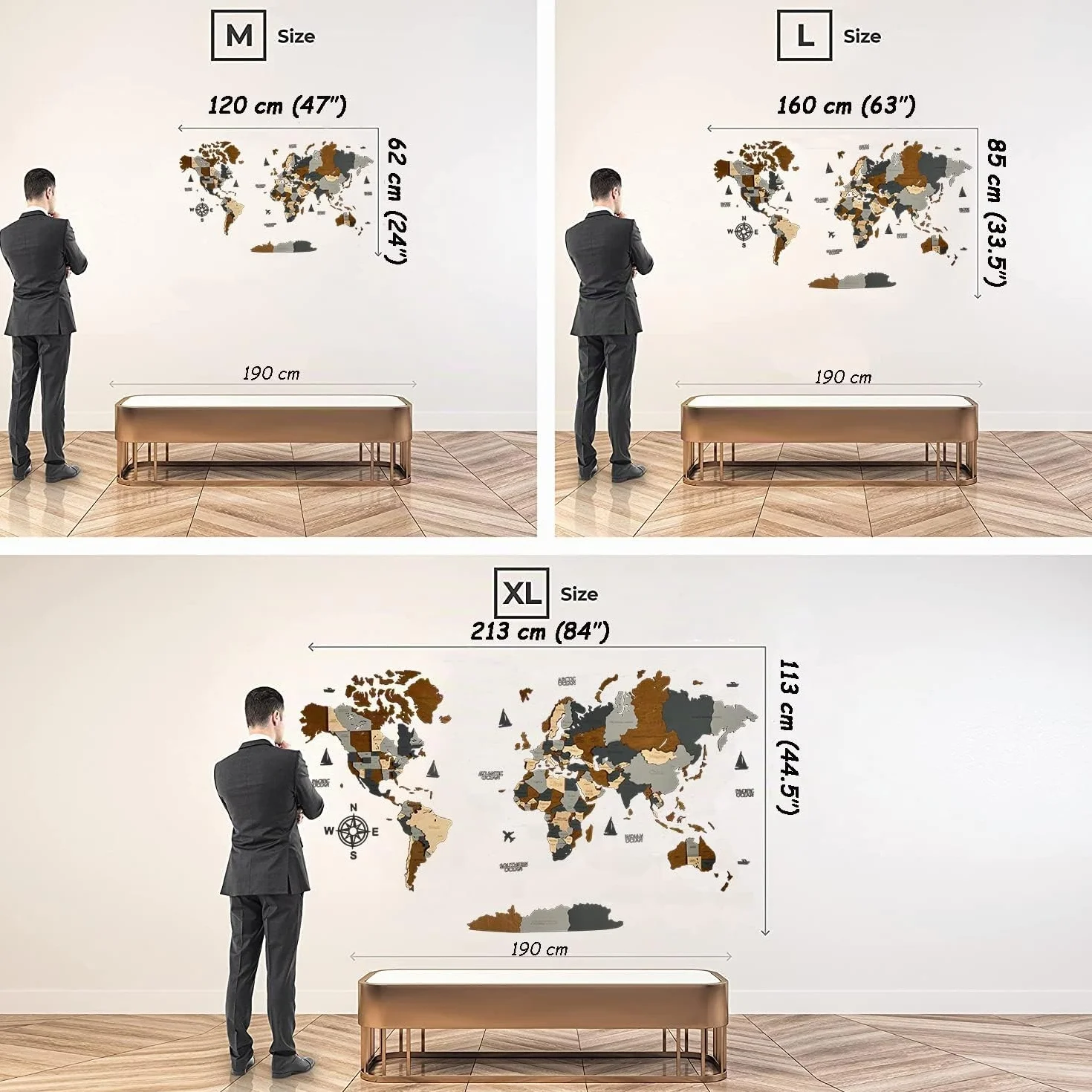 WoodLeo Mapa del mundo de madera 3D Art Decoración de Pared Grande - Talla (M, L, XL) Idea de Regalo para Cualquier Ocasión - Arte de Pared para Casa, Cocina u Oficina