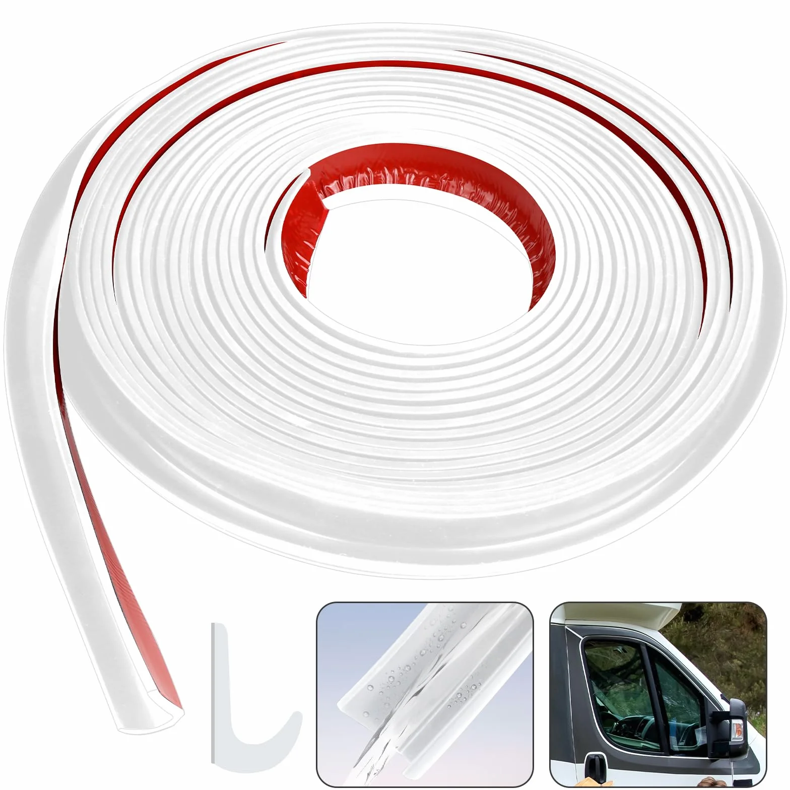 Canalón de lluvia de gel de sílice en forma de J, autoadhesivo, para cenador, color blanco, 10 m de largo, perfil protector de bordes adecuado para vehículos, camiones, caravanas, barcos, coches