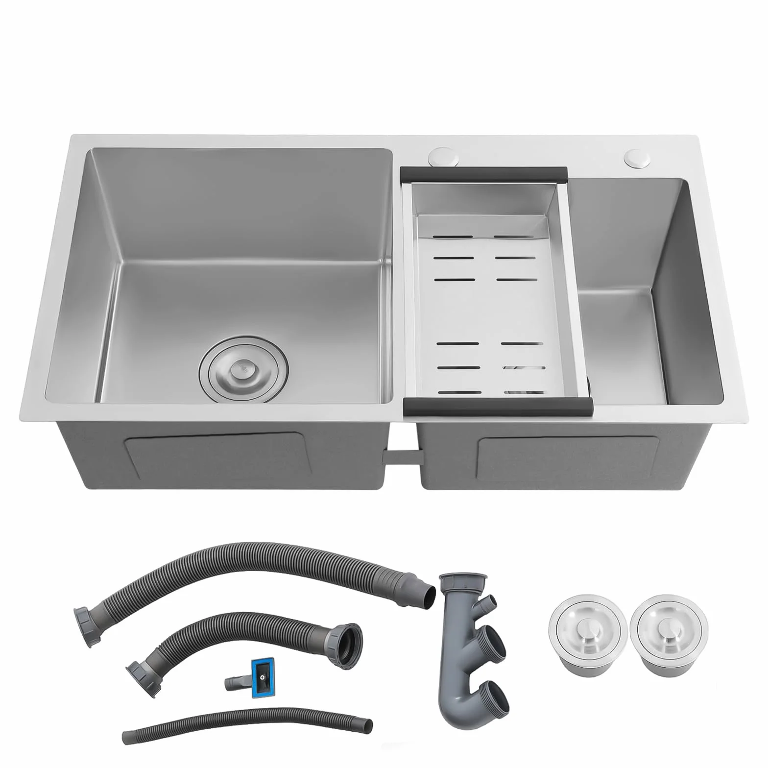 Fregadero de cocina de acero inoxidable, 78 x 43 cm, doble seno con orificios para grifo, 2 cubetas empotrables con cesto, fregadero de cocina de acero inoxidable con sifón de drenaje y rebosadero