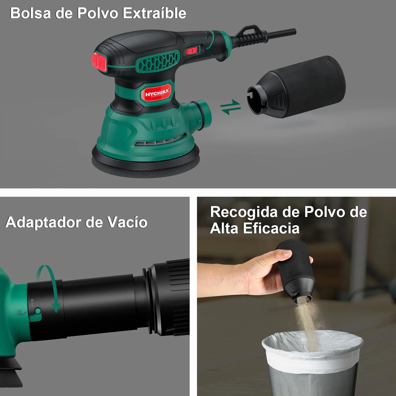 HYCHIKA Lijadora Orbital, 300W 12000OPM Lijadora Madera, 6 Velocidades, con 16 Piezas de Discos de lija 125mm, Con Recogida de Polvo y Efecto de Frenado Rápido, para Lijar y pulir Madera