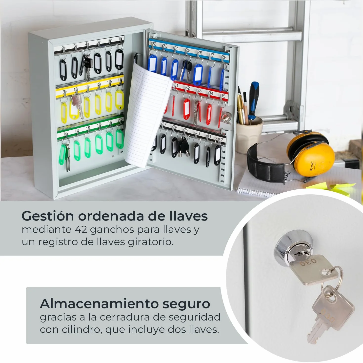 HMF Armario para Llaves de Acero, Caja de Llaves con Cerradura para Oficina, administración o Flota de vehículos | 42 Ganchos para Llaves | 35 x 27 x 8 cm | Gris Claro