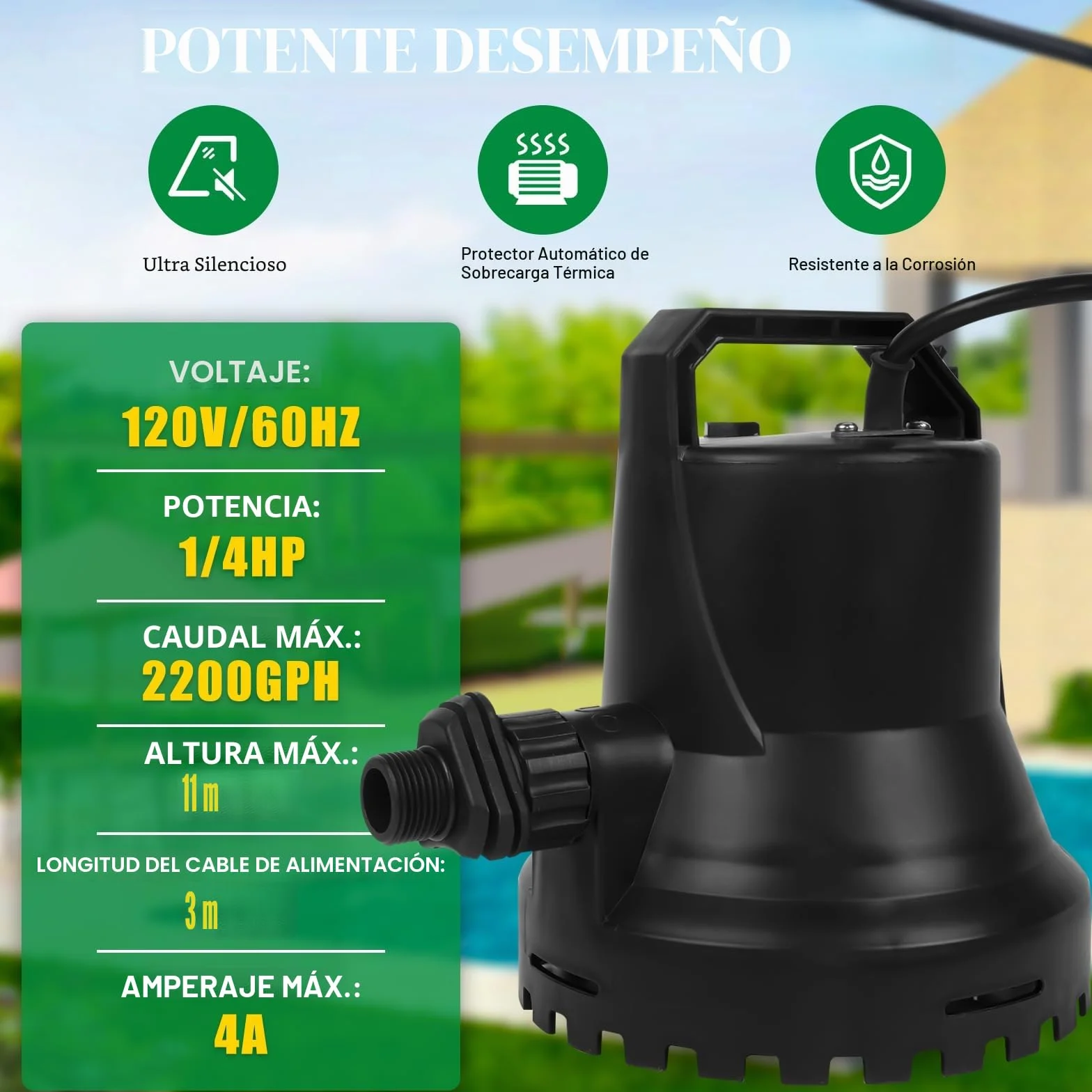 Bomba de agua sumergible de 400 W, 8000 l/h, para estanques de jardín, piscinas y sótanos, con encendido/apagado automático