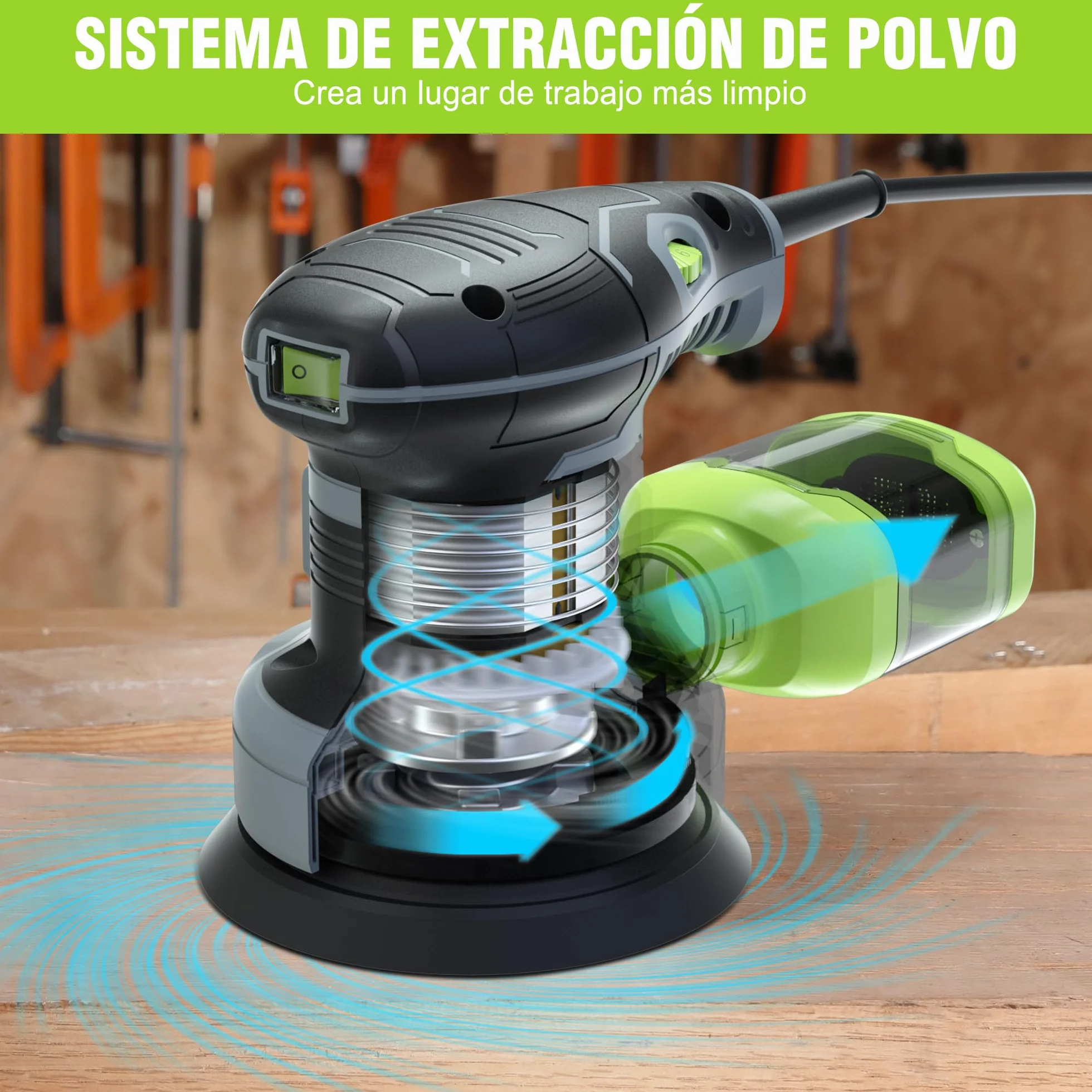 WORKPRO Lijadora excéntrica 125 mm, 300 W, 7000-13000 OPM, multilijadora con aspiración y depósito de polvo, incluye 20 unidades de papel de lija