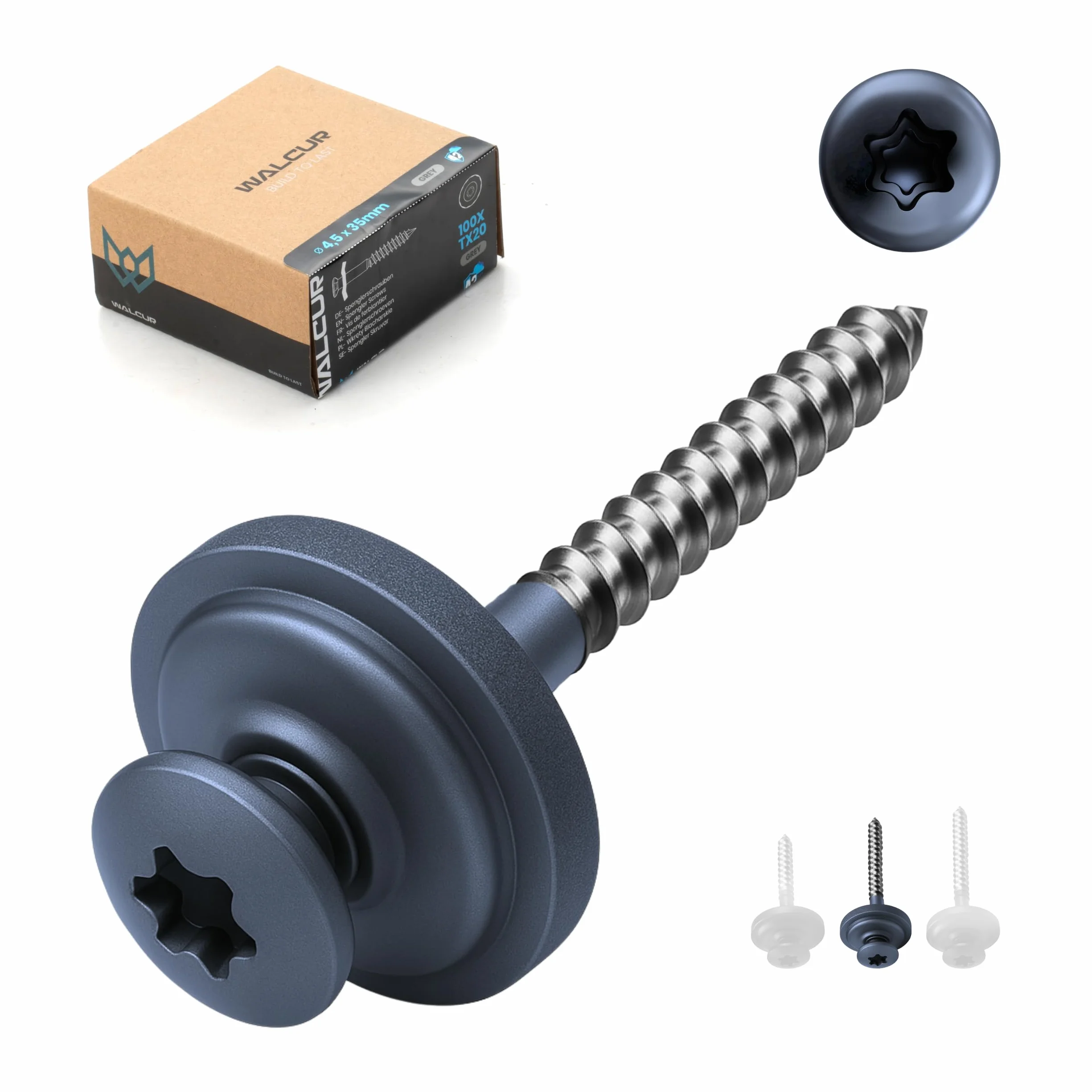 WALCUR Tornillos Spengler ø 4.5 x 35 mm Tornillos de Acero Inoxidable Autoperforantes para Tarimas 100 Piezas Tornillos para Techos a Prueba de Fugas con Arandelas de Goma Antracita Gris