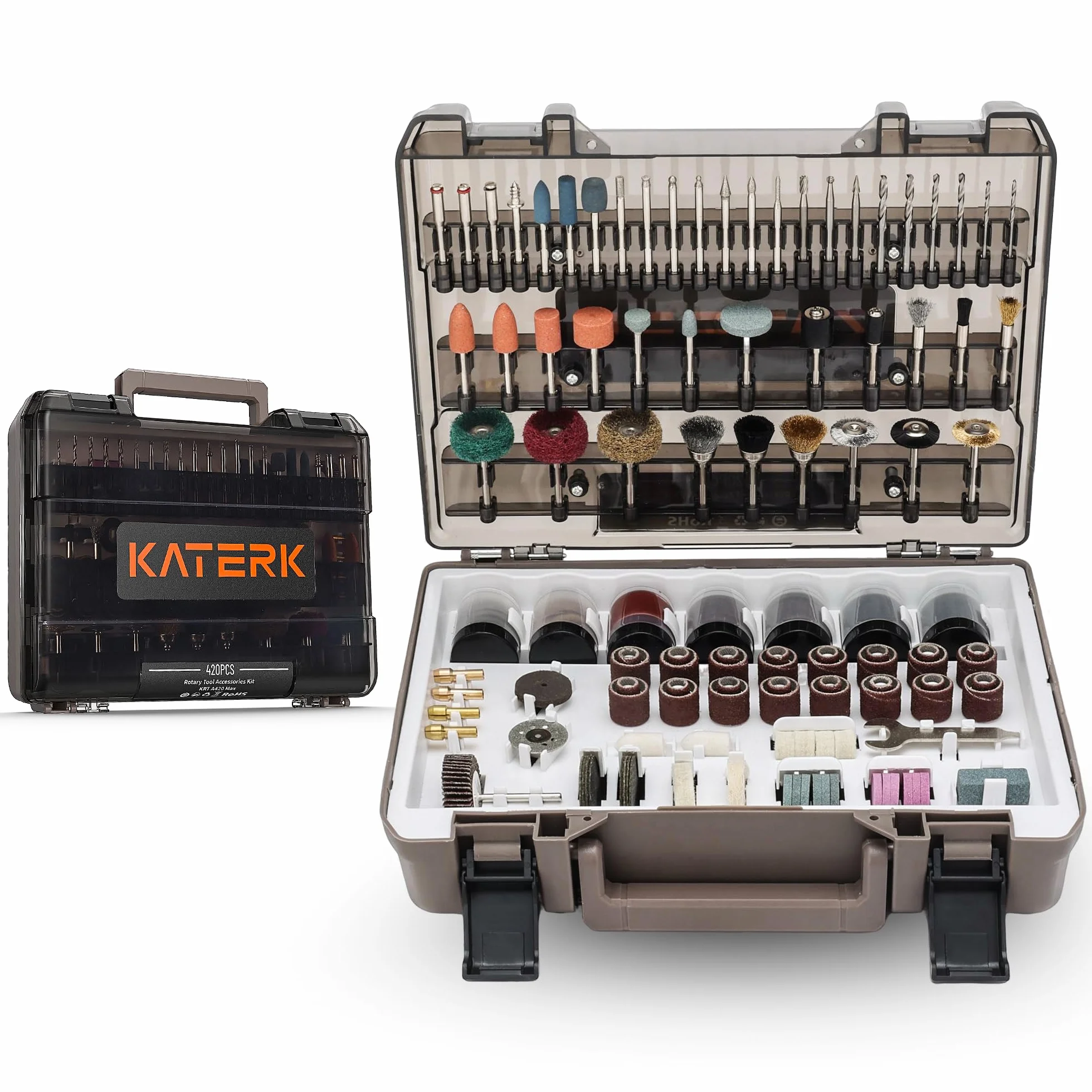 Katerk Kit de 420 Accesorios para Herramientas Rotativas Brocas Universales con VÁStago de 1/8" para Cortar, Lijar, Pulir, Tallar, Amolar, Afilar, Taladrar y Grabar