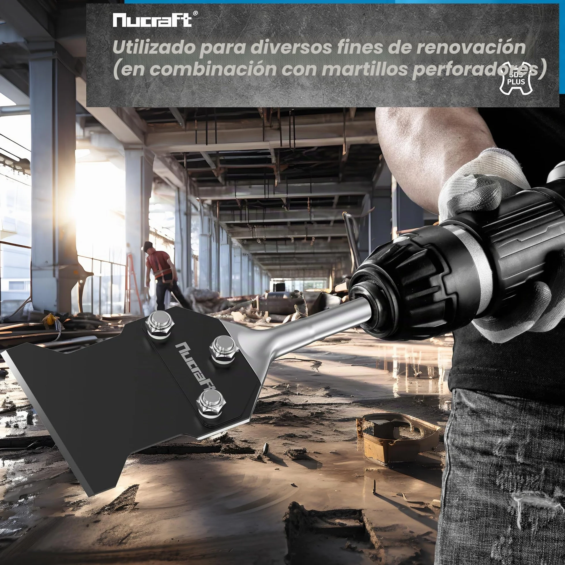 Nucraft SDS-Plus - Cincel para espátula (250 x 100 mm, para quitar el pegamento del suelo, alfombras, linóleo, adhesivo para baldosas, baldosas de PVC, color