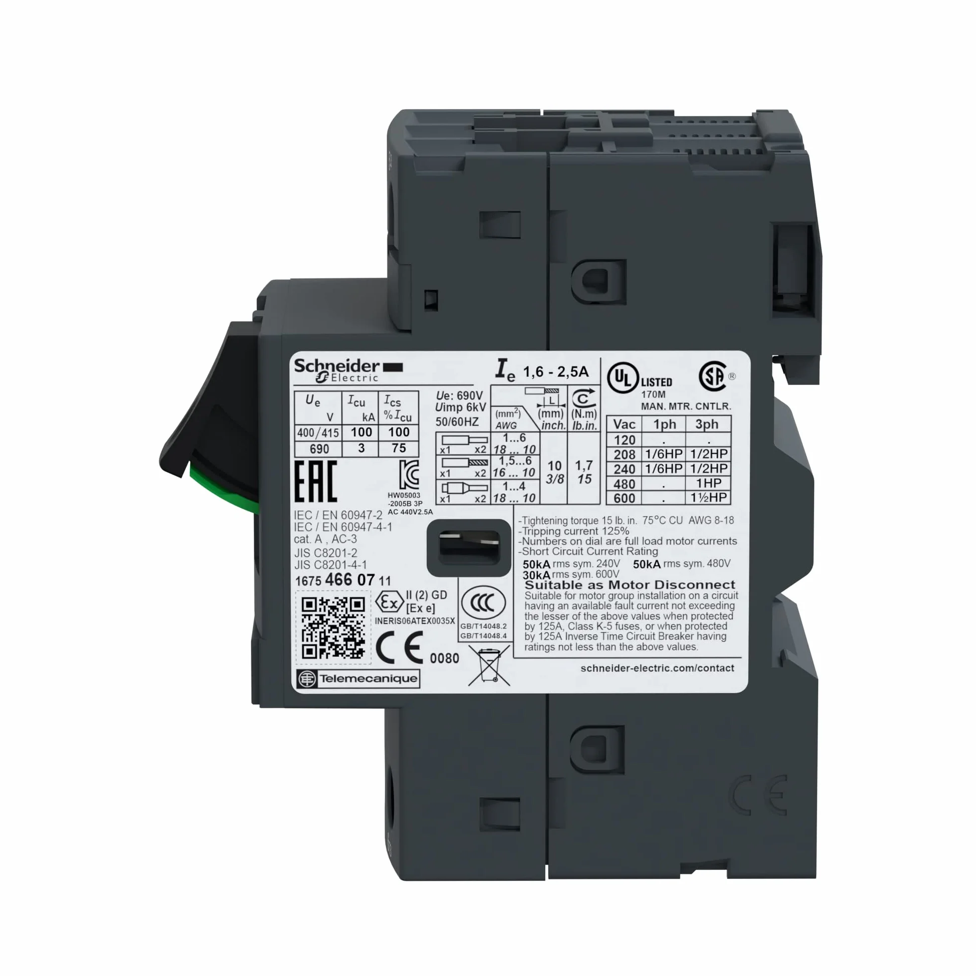 Schneider Electric GV2ME07 Tesys Gv2, Disyuntor Magnetotérmico, 1,6-.2,5 A, Conexión Por Tornillo