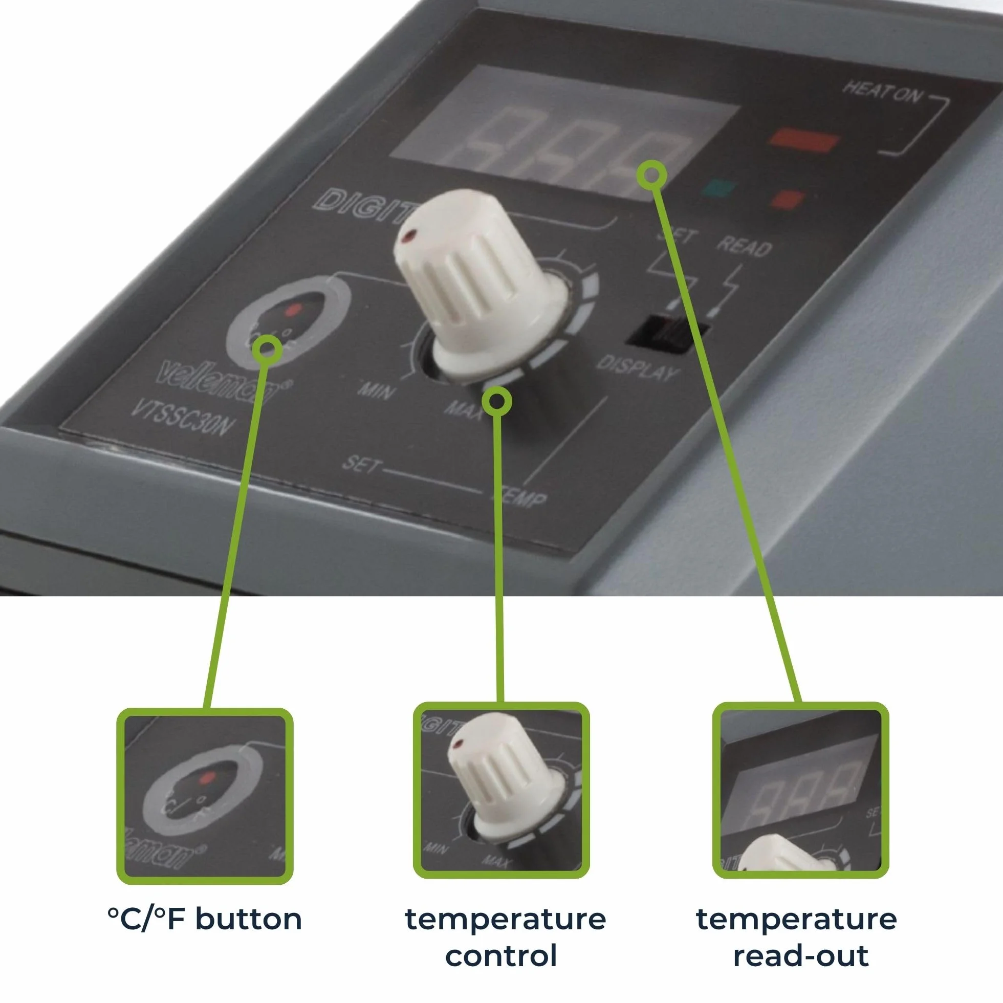 Velleman Estación de soldadura con pantalla LED y elemento calefactor cerámico, 48 W, rango de temperatura de 160-480 °C, mango cómodo, adecuada para profesionales o aficionados al bricolaje, gris