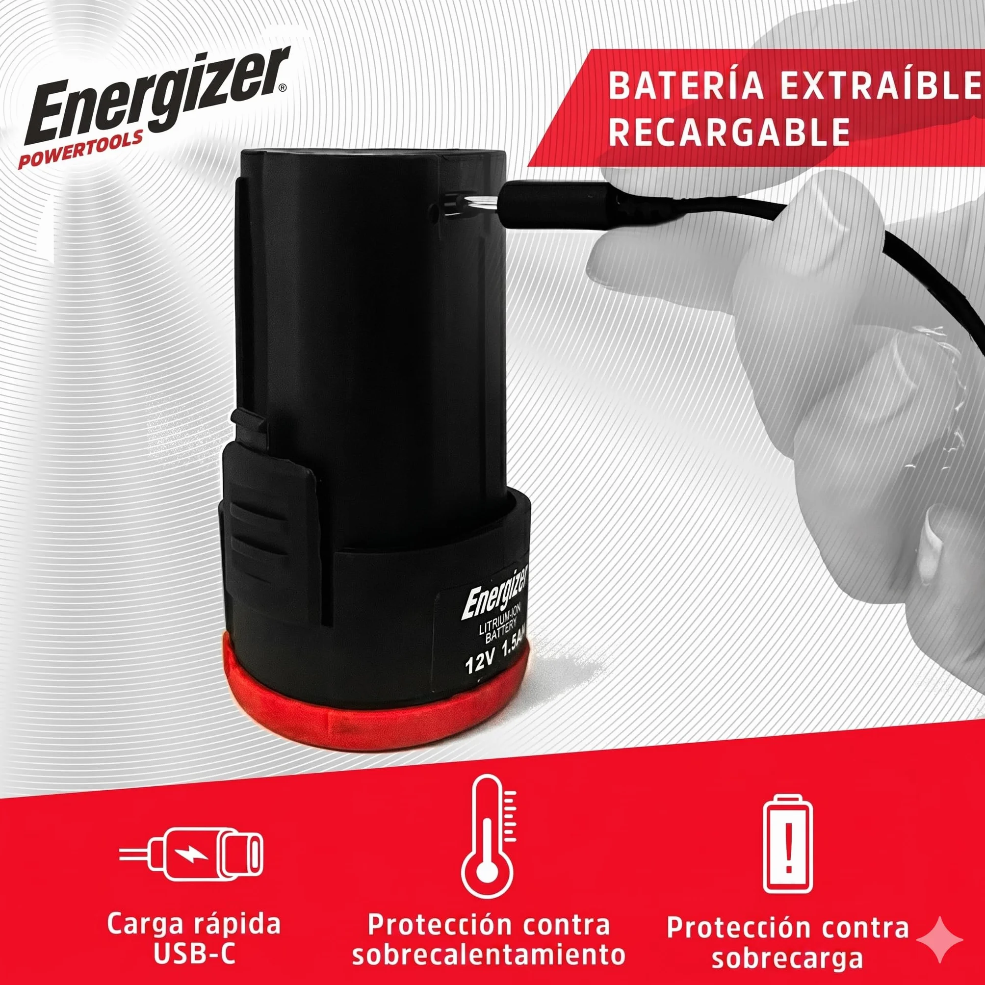 Destornillador inalámbrico Energizer de 12 V – Batería recargable integrada – 25 Nm – Mandril de 10 mm – Cable USB-A/USB-C de 1,5 m – Mango de agarre suave