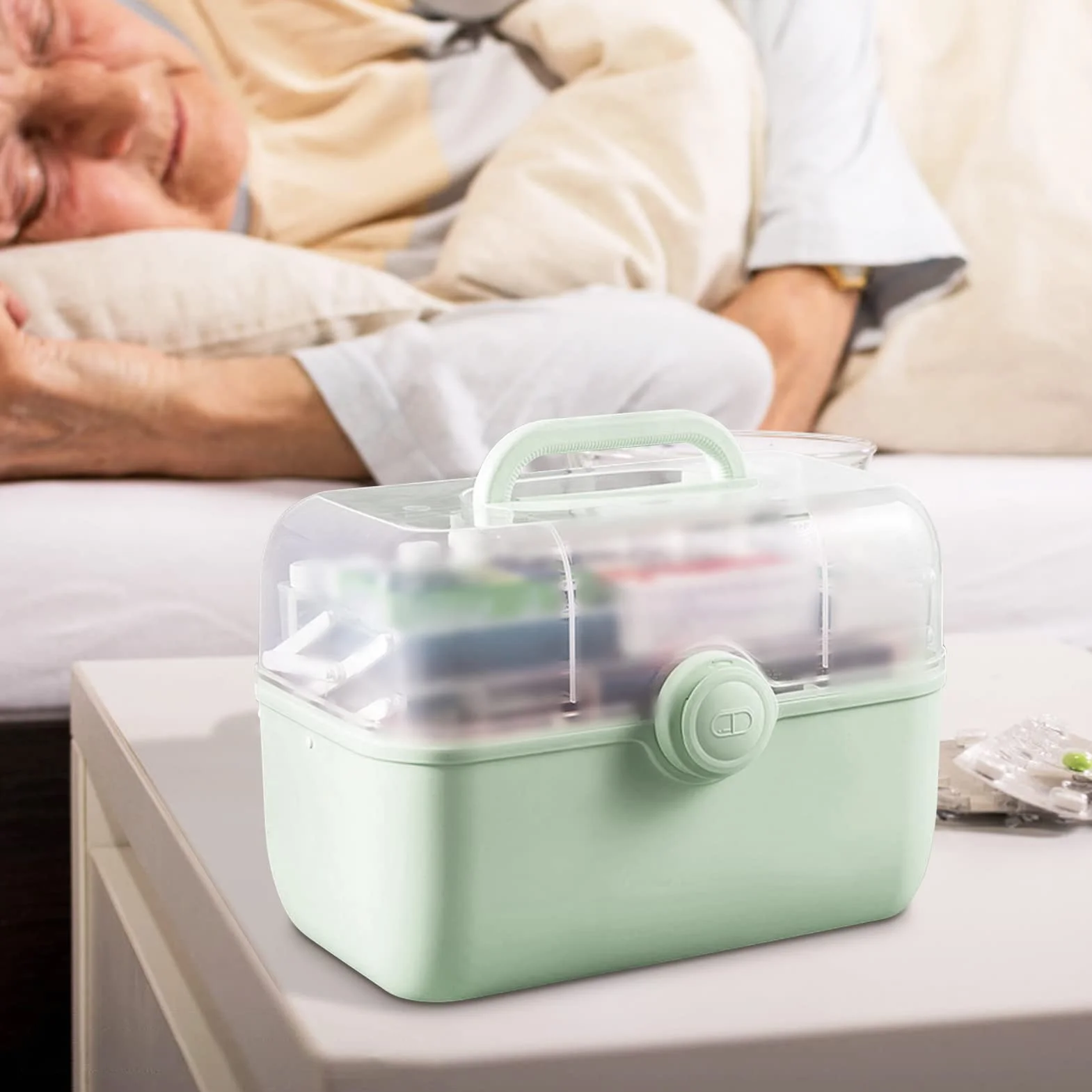 Caja de medicamentos transparente de gran capacidad, organizador de píldoras con estuche, verde