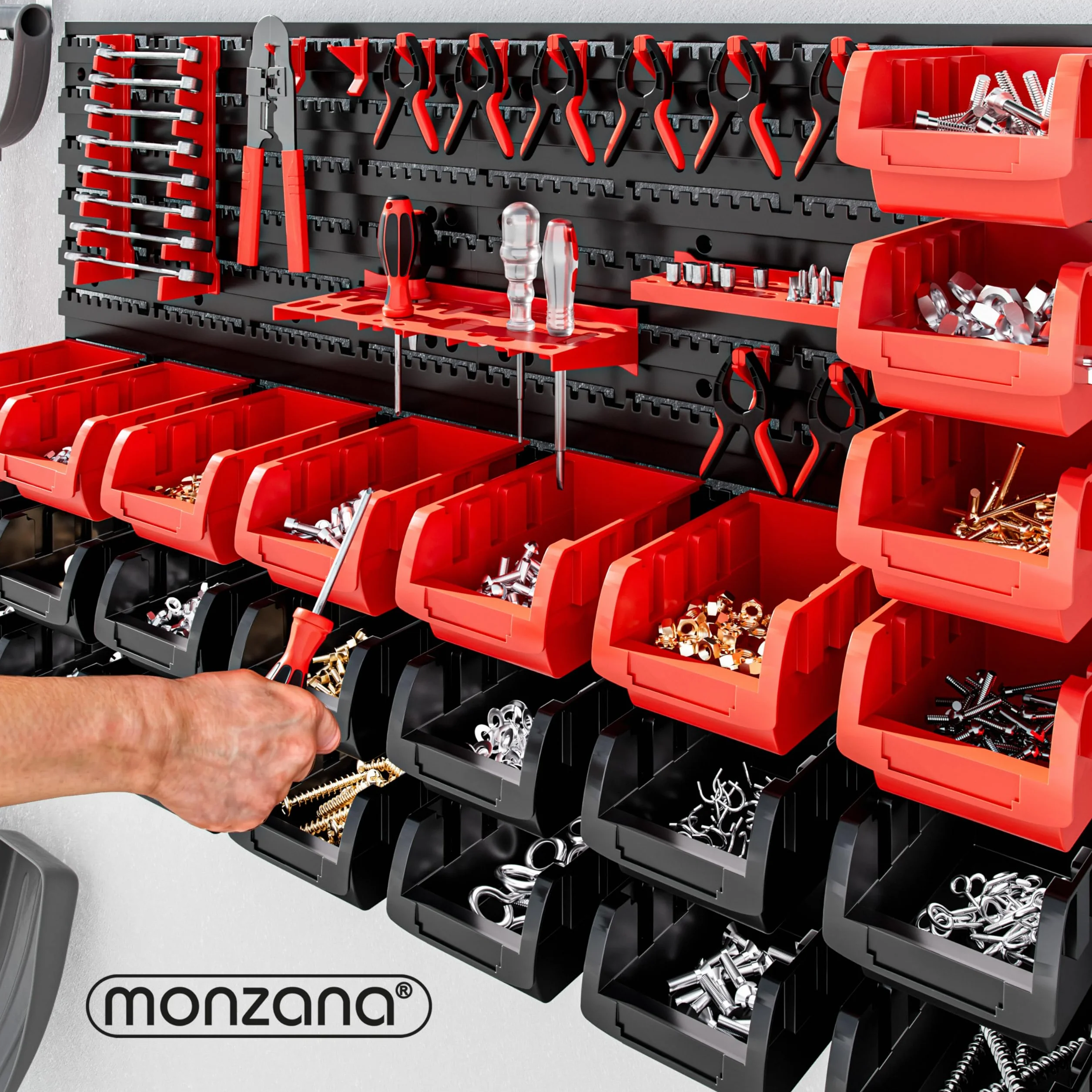 DEUBA® Organizador de Herramientas de Pared Cajas Apilables Paneles Perforados Ampliable Portaherramientas Sistema Almacenamiento Taller 43 Pzas