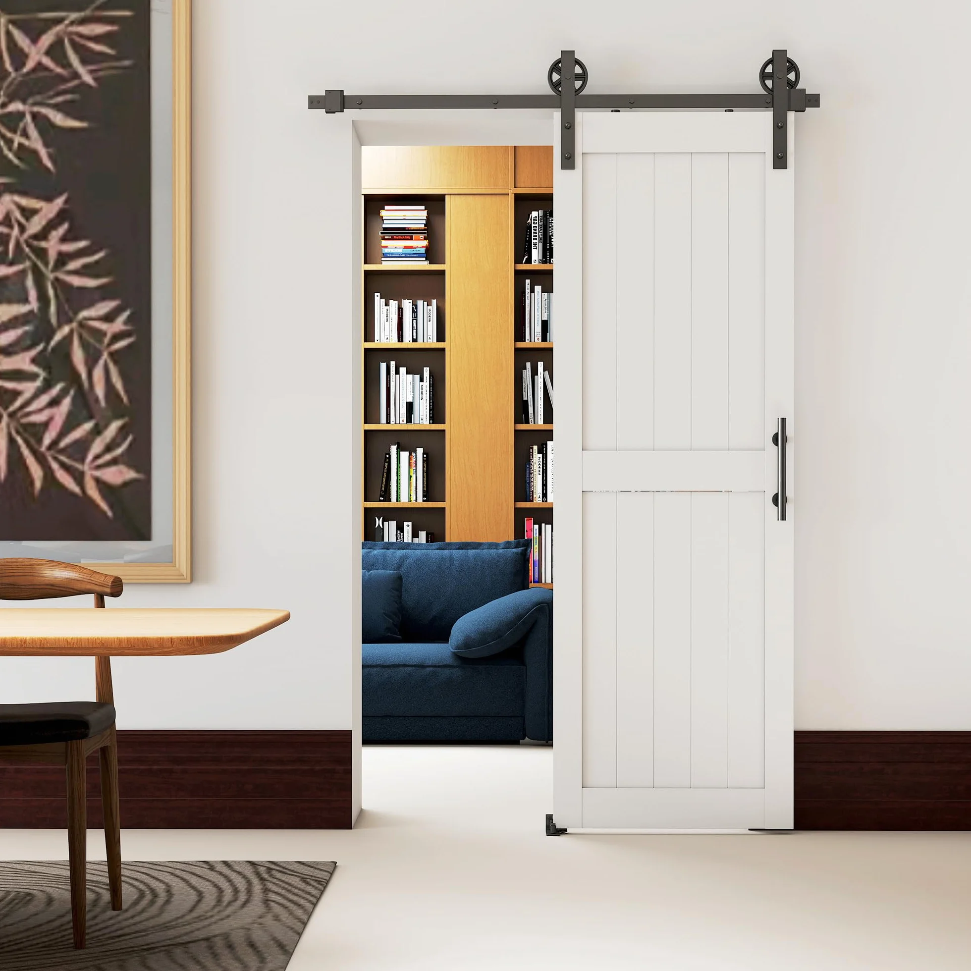 HOMCOM Puerta Corredera de Granero con Herrajes 71,5x213,4 cm Puerta Corredera de Interior con Manija Rodillo y Guía de Suelo Mejorados para Baño Salón Sala de Estar Blanco