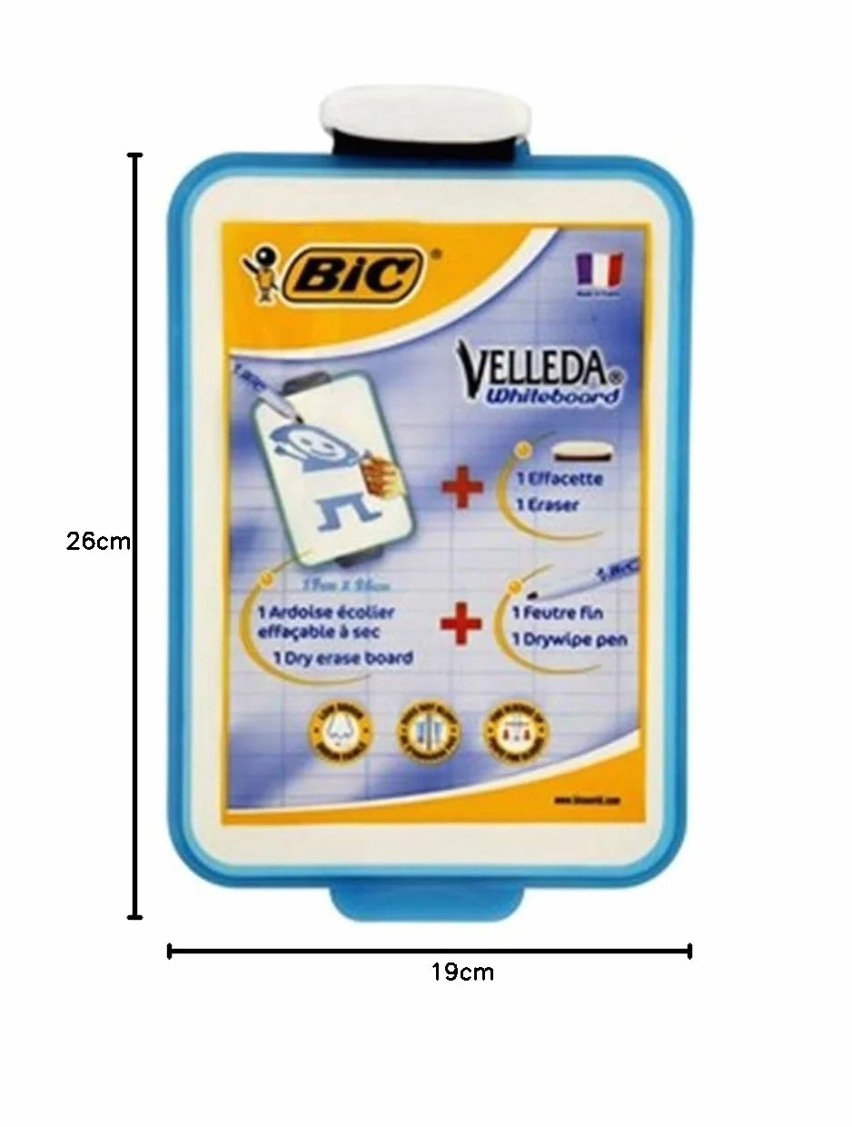 BIC Velleda Pizarra Blanca Pequeña de Doble Cara 19x26cm con Rotulador Azul y Borrador