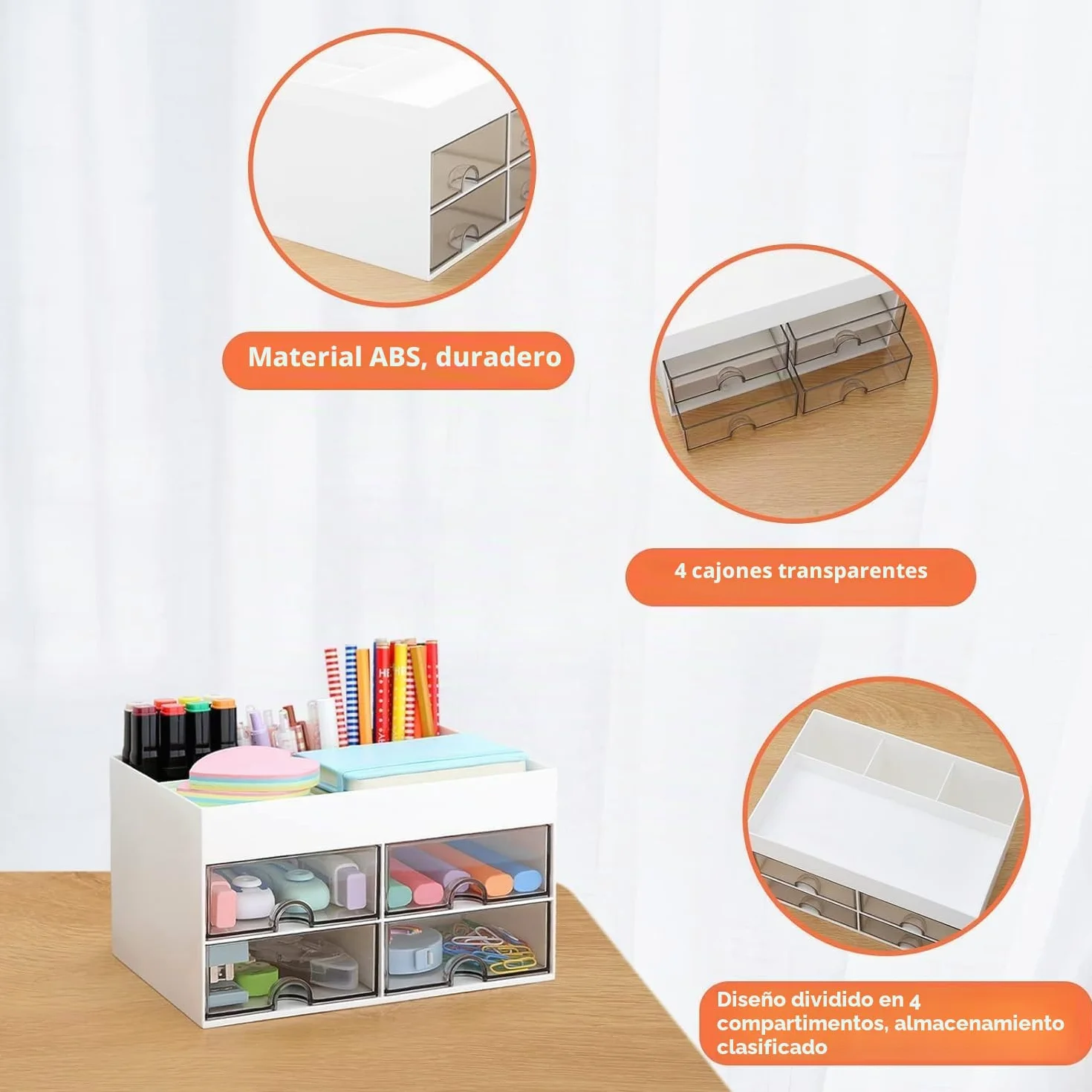 KAHEIGN Organizador de Escritorio 4 Cajones 19CM x 14CM Portalápices Multifuncional Blanco